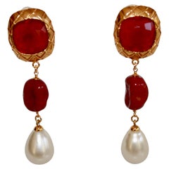 Vintage Chanel Red Pate de Verre Cabochons Earrings 