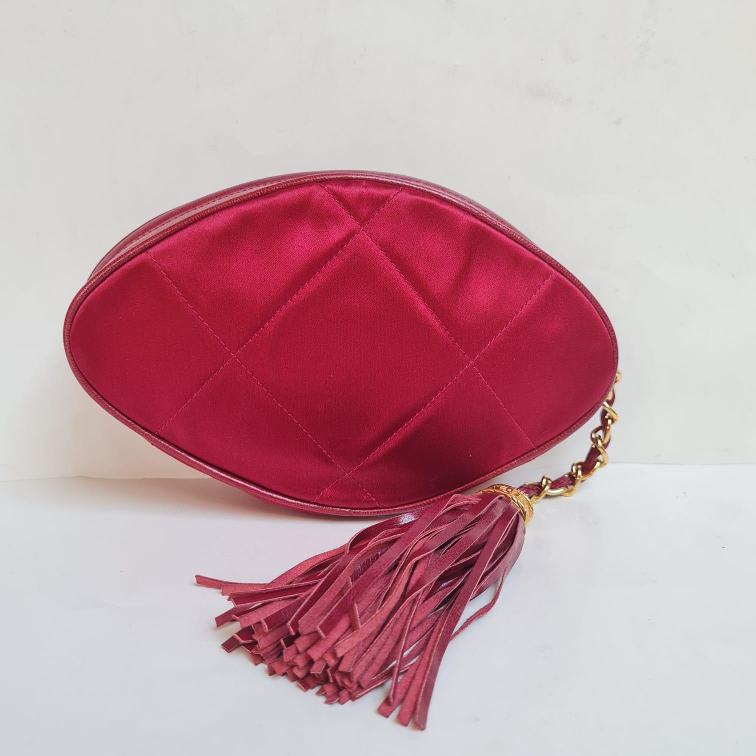 Vintage Chanel Red Satin Quilted Diamond Tasseled Clutch  For Sale 8