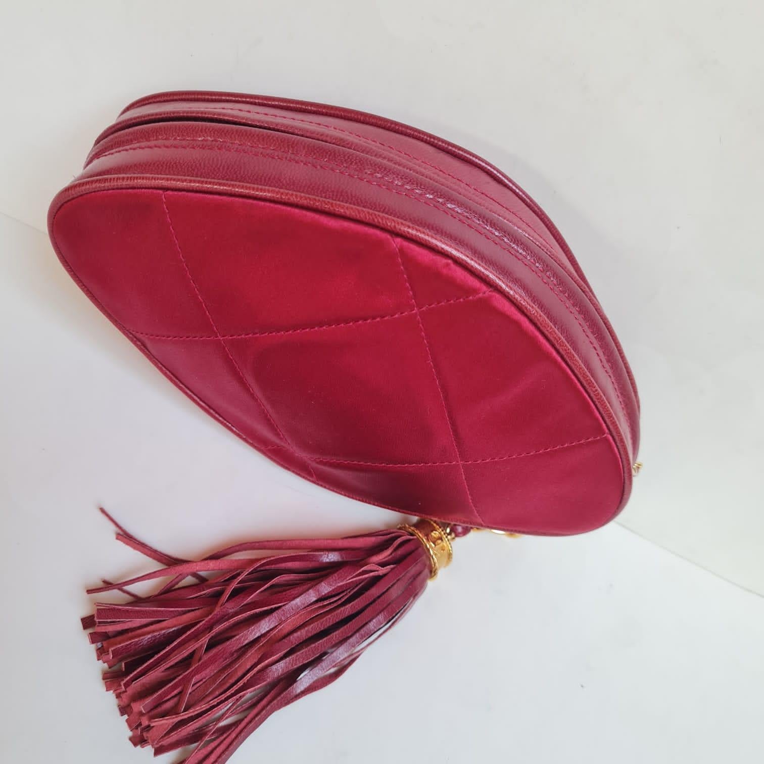Vintage Chanel Red Satin Quilted Diamond Tasseled Clutch  For Sale 10