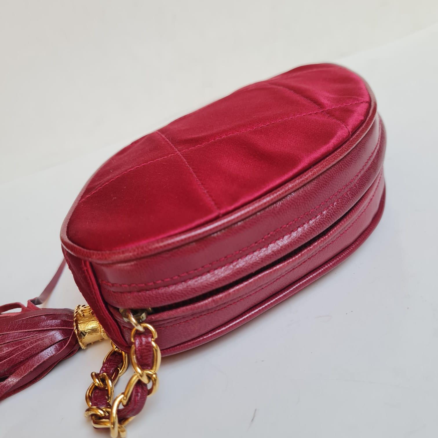 Vintage Chanel Red Satin Quilted Diamond Tasseled Clutch  For Sale 1