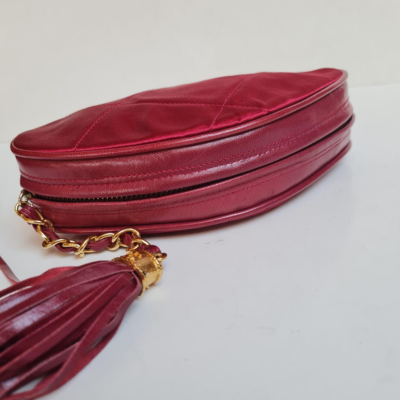 Vintage Chanel Red Satin Quilted Diamond Tasseled Clutch  For Sale 5