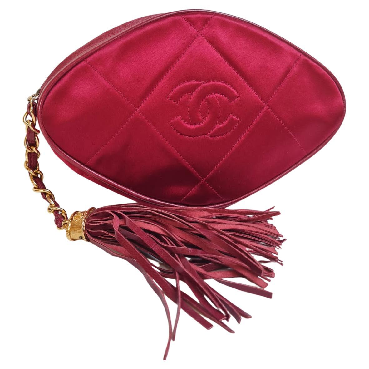 Vintage Chanel Red Satin Quilted Diamond Tasseled Clutch  For Sale