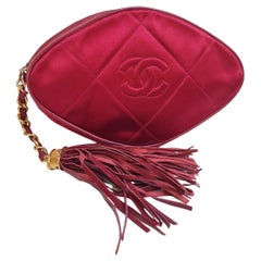 Vintage Chanel Red Satin Quilted Diamond Tasseled Clutch 