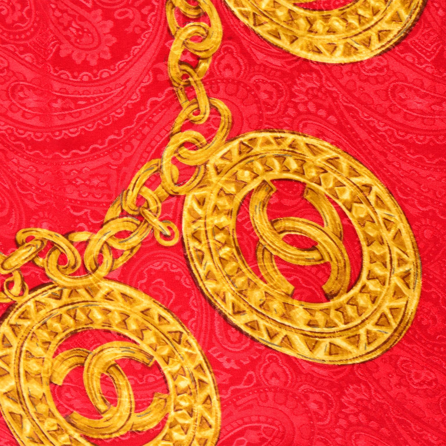 Vintage Chanel Red Silk Scarf w Gold Monogram CC Medallion Chain Print For Sale 1