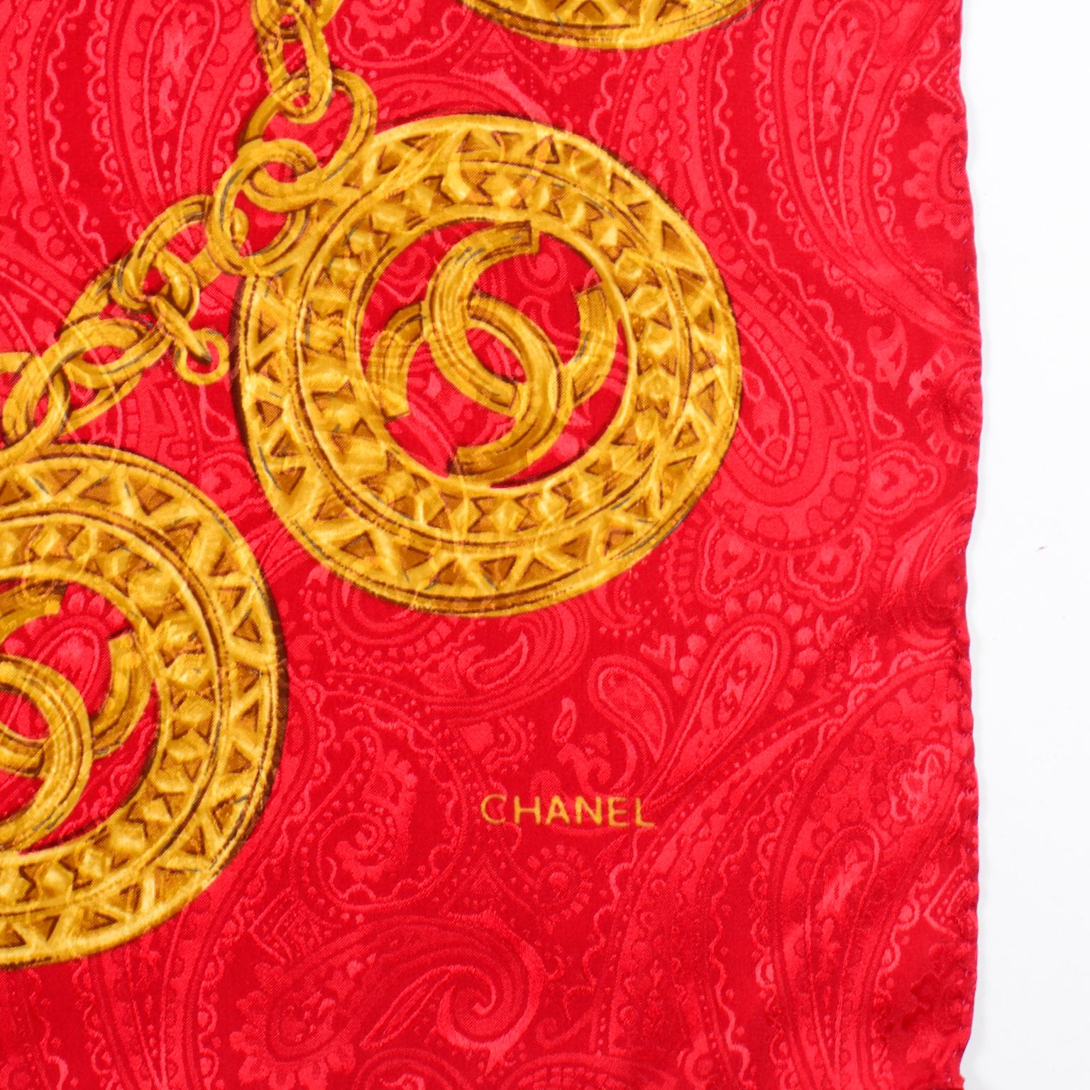 Vintage Chanel Red Silk Scarf w Gold Monogram CC Medallion Chain Print 2