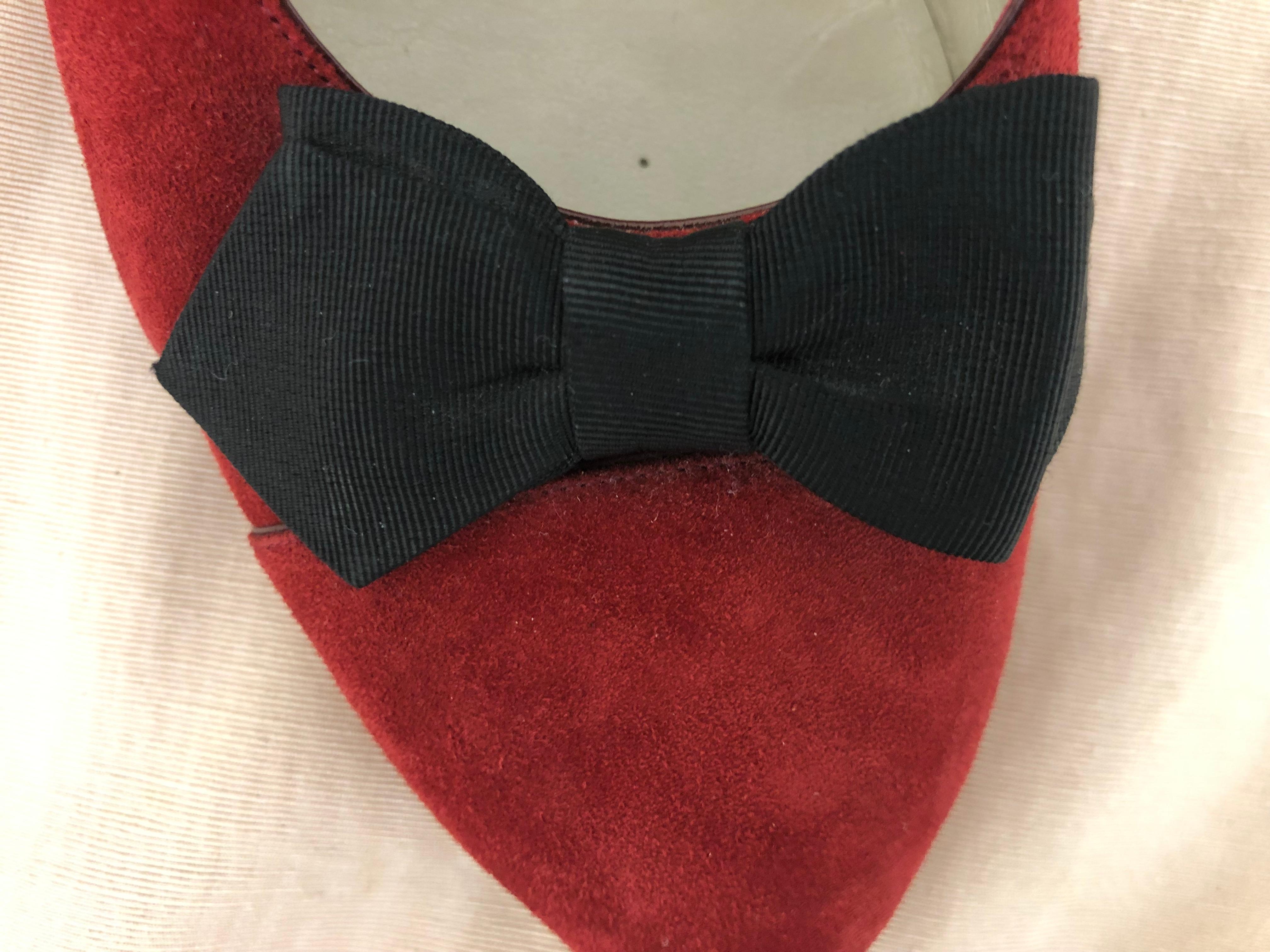 Vintage Chanel Red Suede Pumps w/Grosgrain Bows Size 8 1