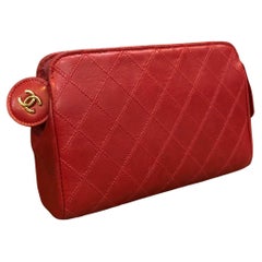 Vintage CHANEL Red Quilted Lambskin Leather Pouch Bag Clutch (Altered)