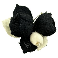 Vintage Chanel Rose Camellia Flower Brooch Made In France Black White Rare