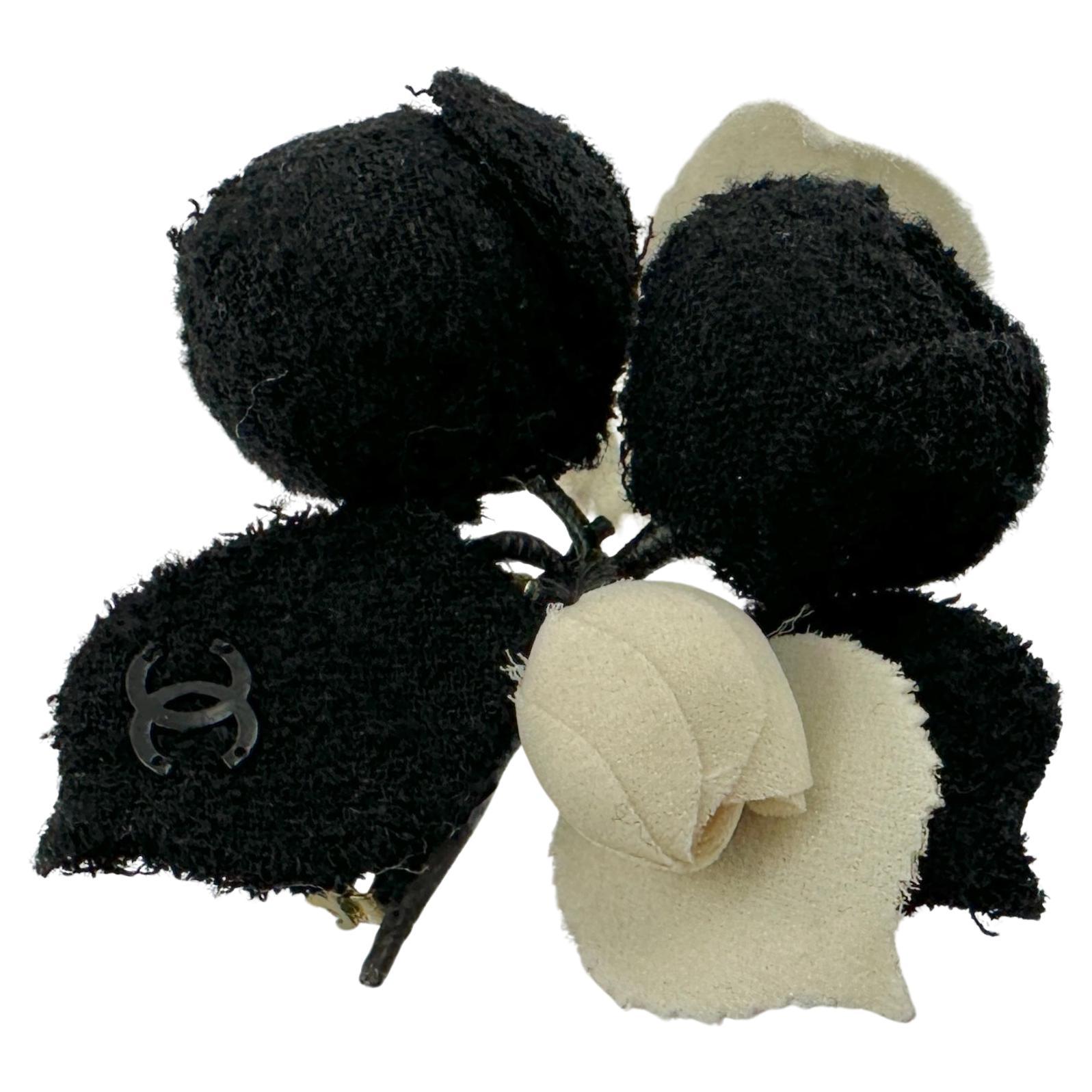Vintage Chanel Rose Camellia Flower Brooch Made In France Black White Rare