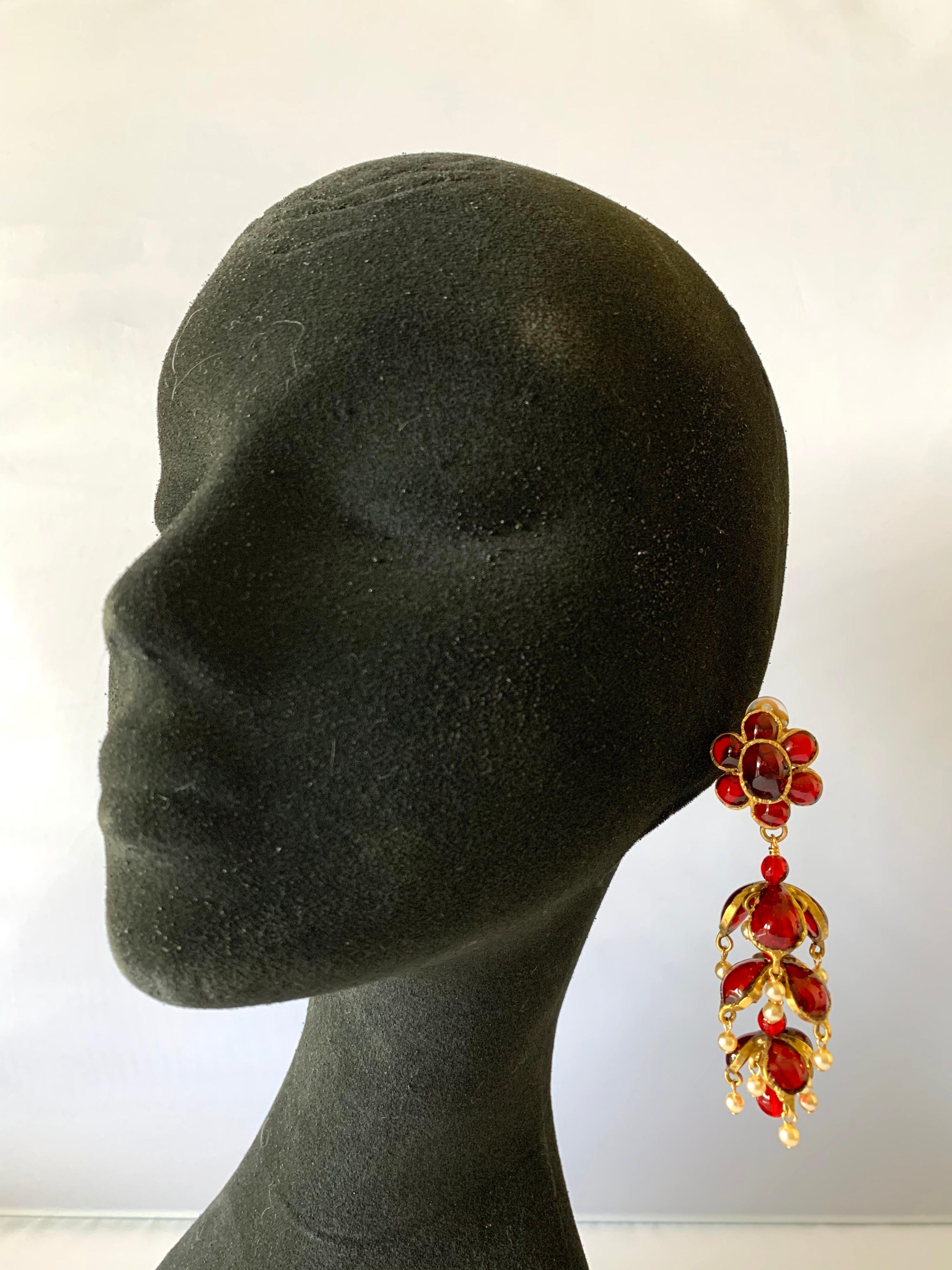 Vintage Chanel Ruby and Pearl Mughal Statement Earrings In Excellent Condition In Palm Springs, CA