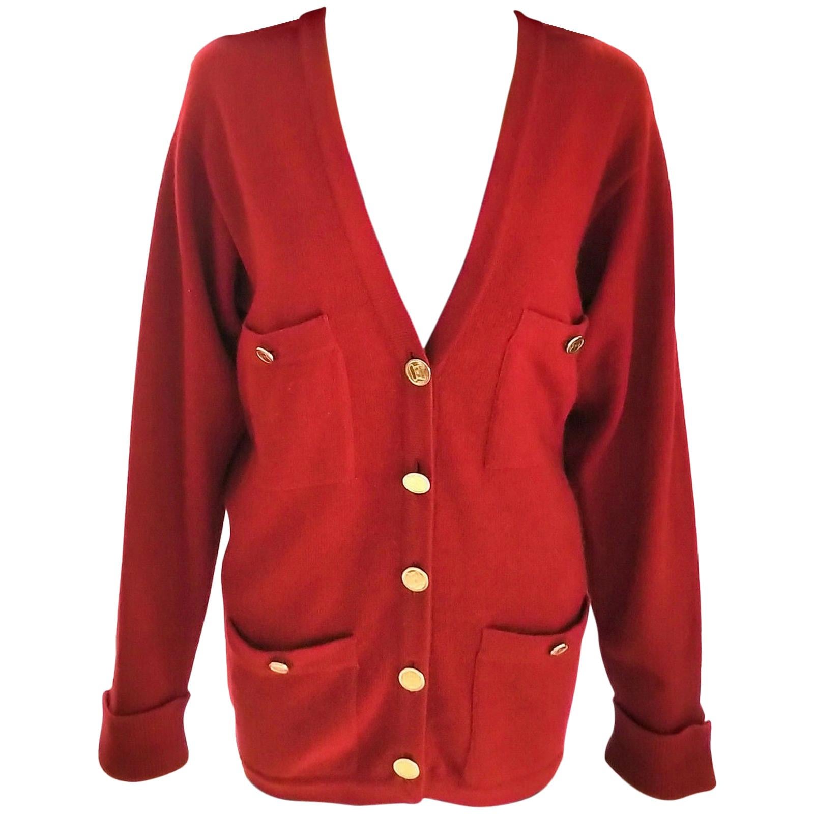 Chanel Red Cashmere Cardigan Sweater Set