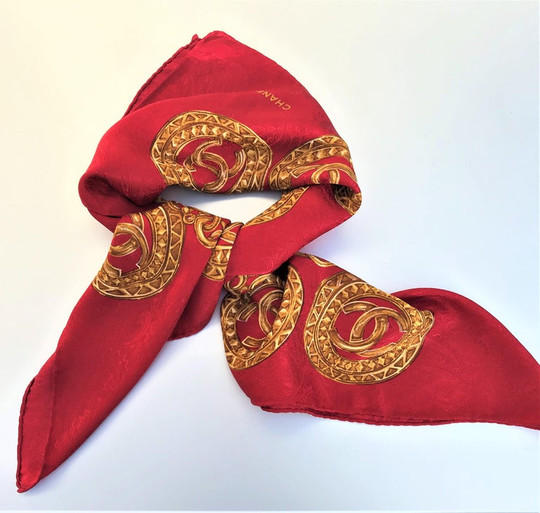1990's Chanel Red Silk Gripoix Jewels Scarf For Sale at 1stDibs