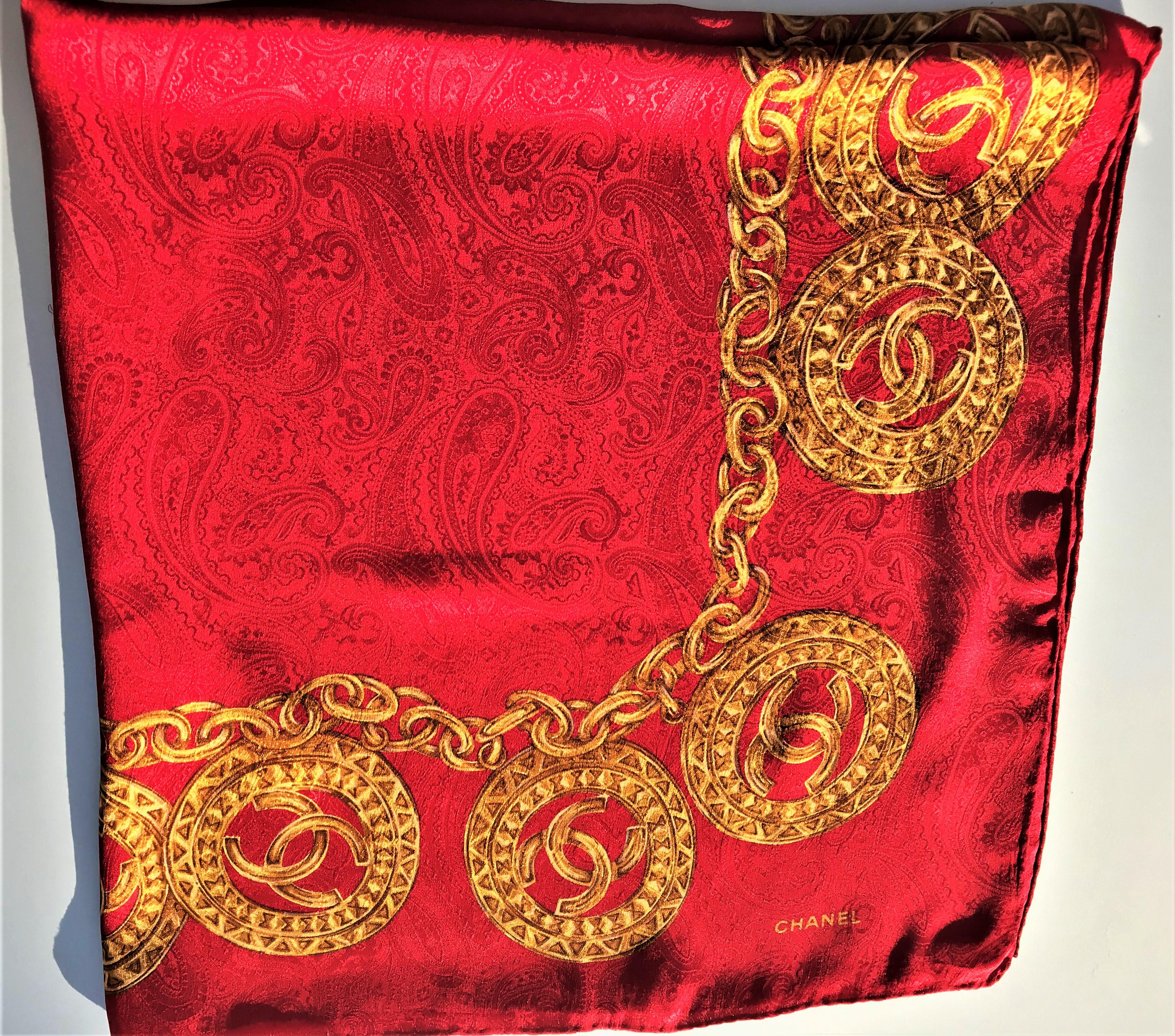 Red Vintage Chanel Scarf red silk 80X80 cm 