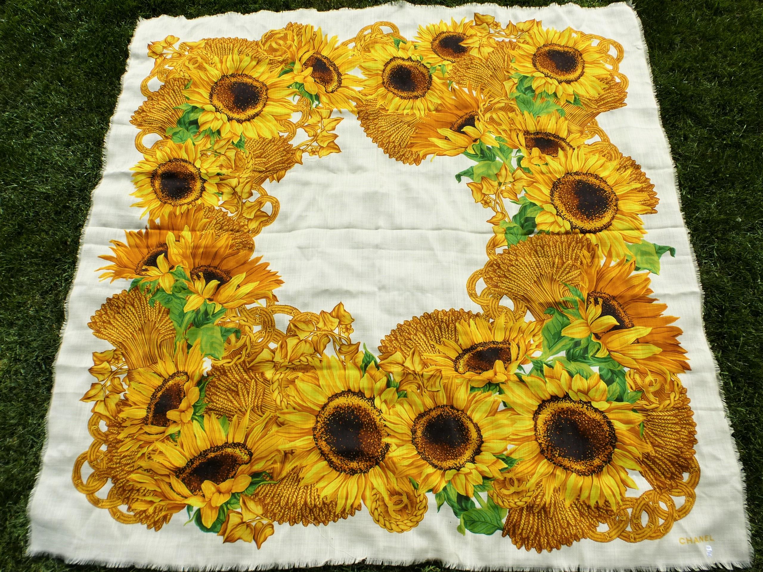 Vintage Chanel scarf silk wool Size 130 x 130 cm, yellow sunflowers and CC  For Sale 7
