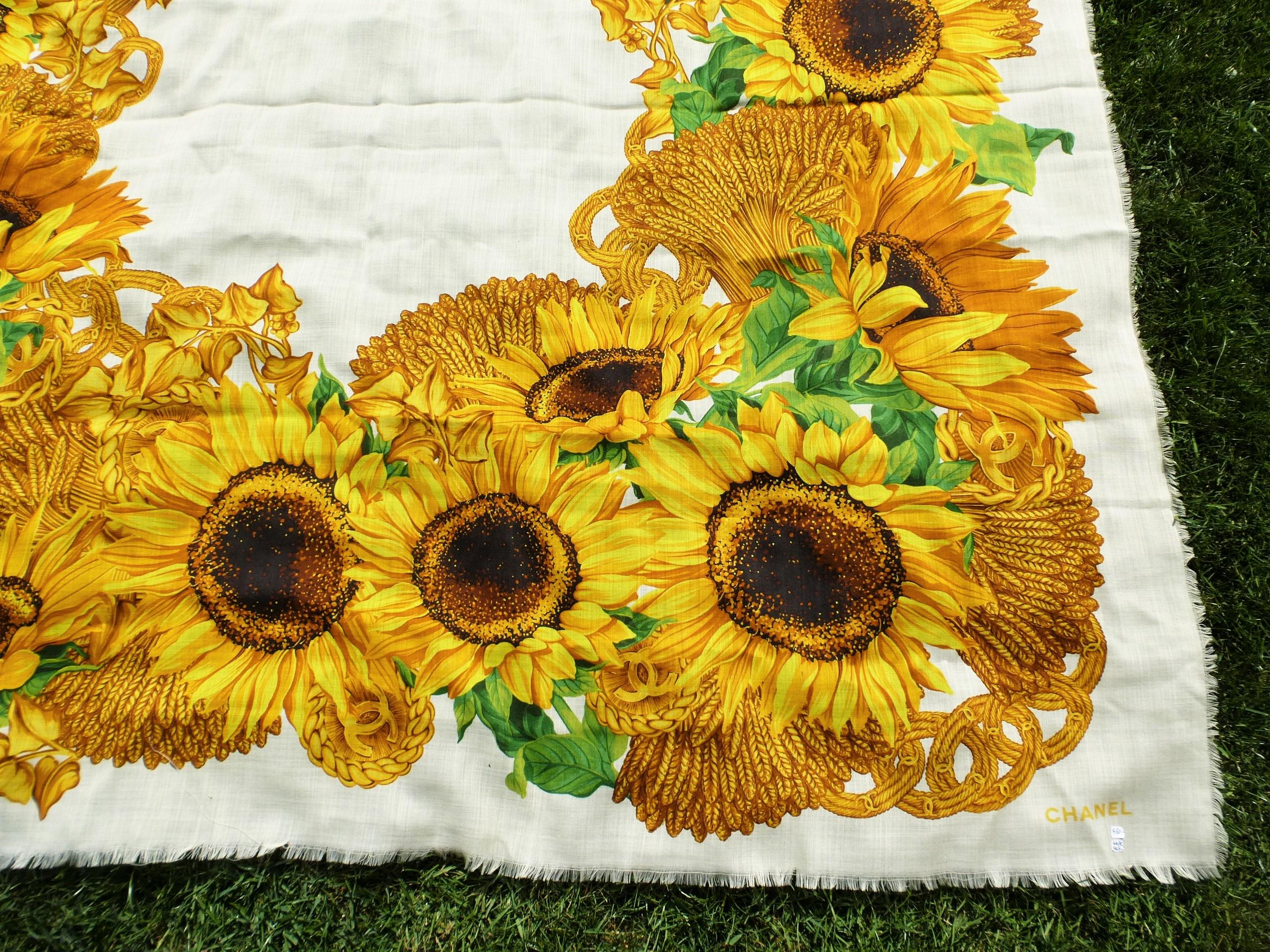 Vintage Chanel scarf silk wool Size 130 x 130 cm, yellow sunflowers and CC  For Sale 8