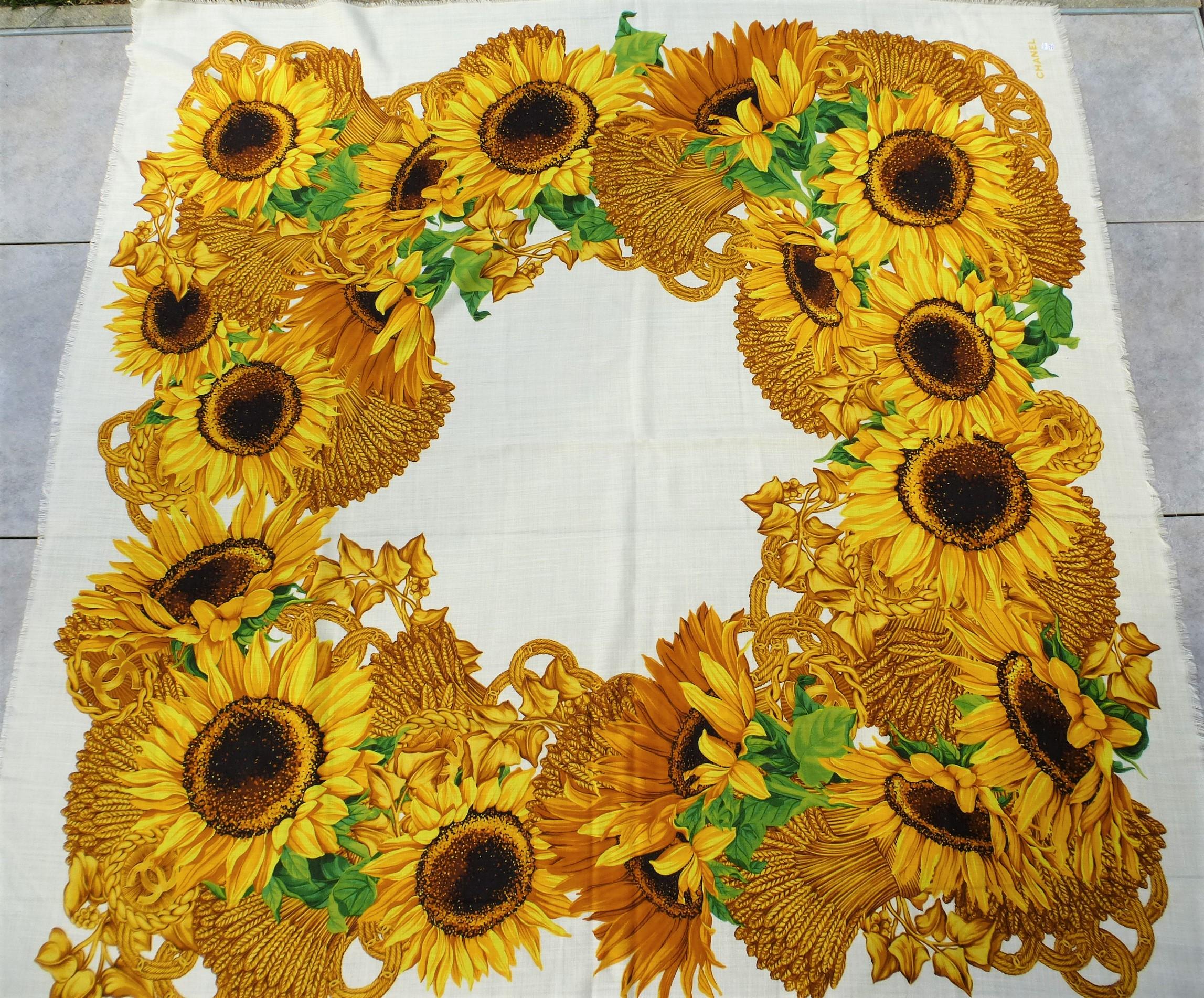 Vintage Chanel scarf silk wool Size 130 x 130 cm, yellow sunflowers and CC  For Sale 13