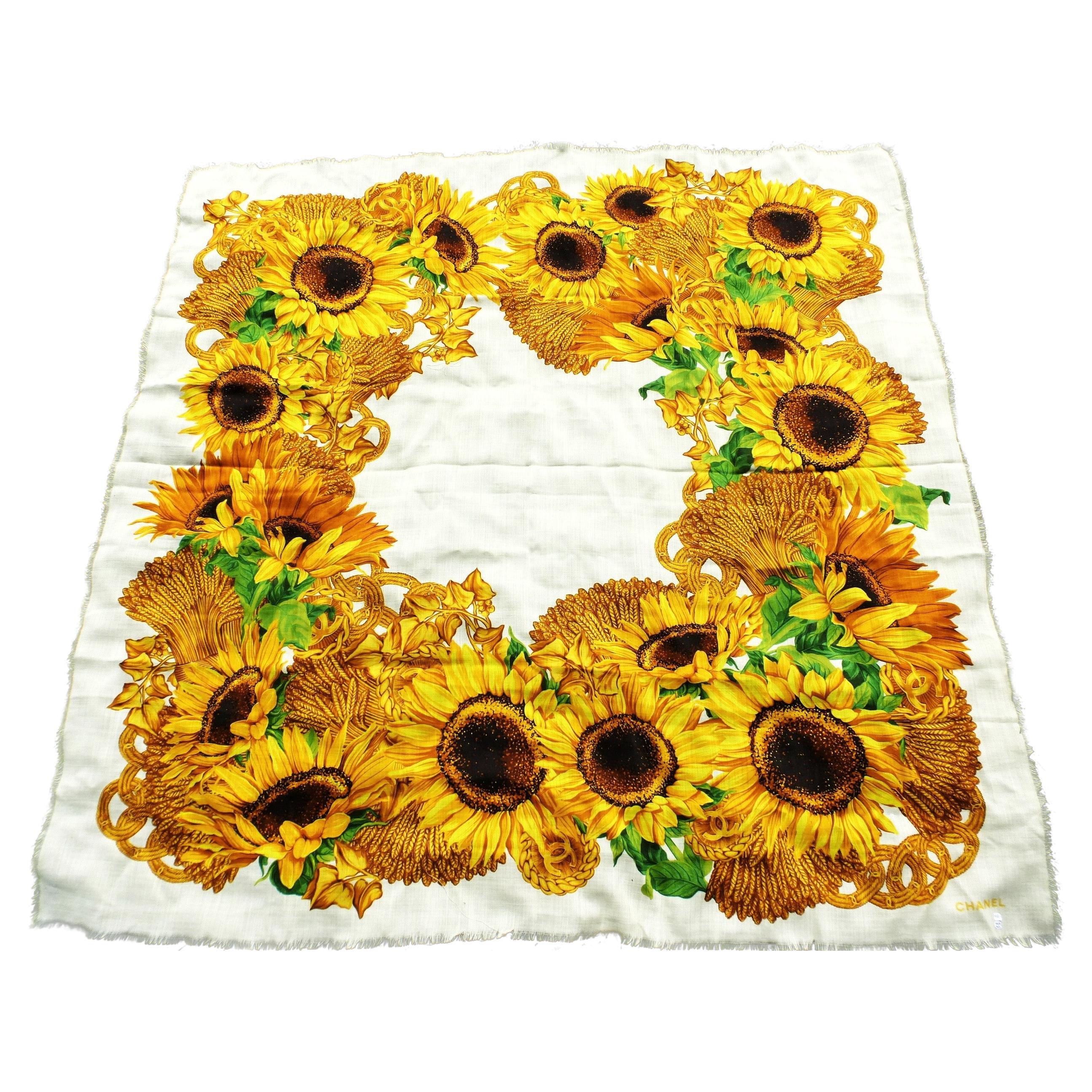 Vintage Chanel scarf silk wool Size 130 x 130 cm, yellow sunflowers and CC  For Sale