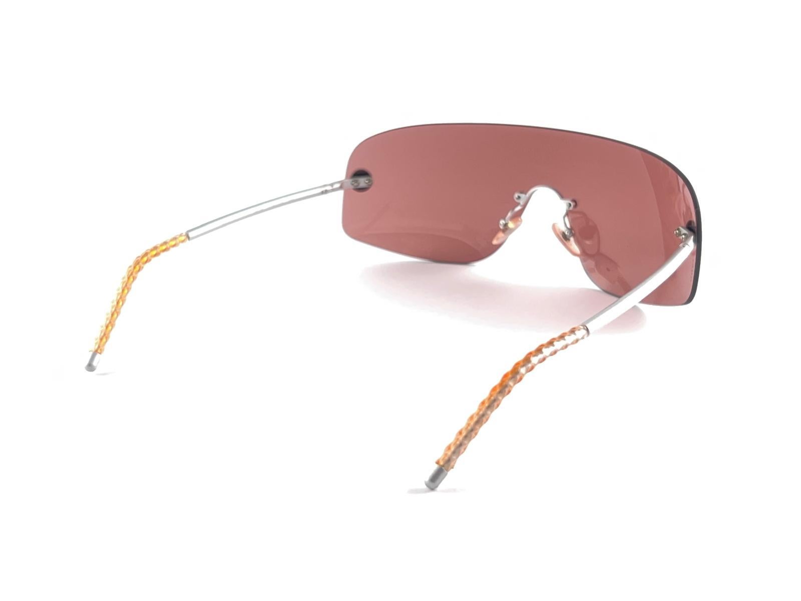 Vintage Chanel Shield Rimless Medium Amber Sunglasses 2000's Made In Italy Y2K 8