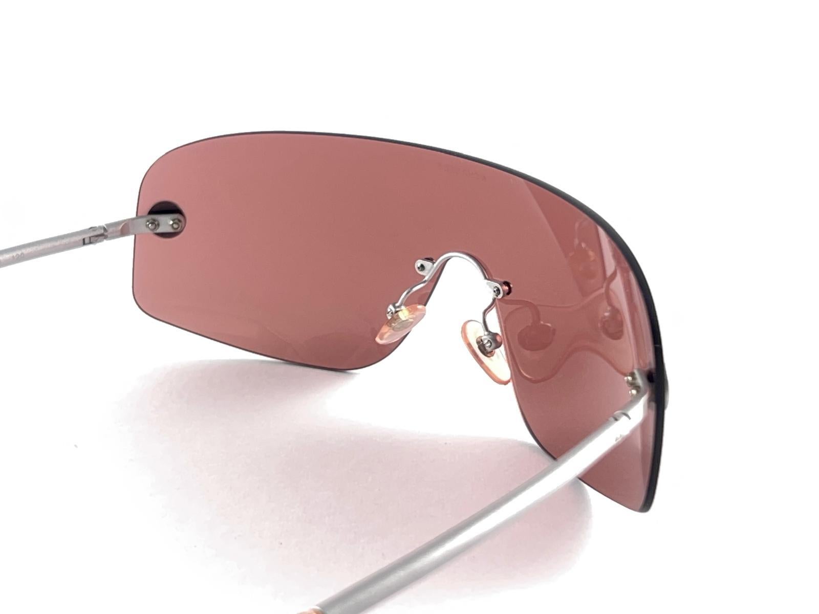 Vintage Chanel Shield Rimless Medium Amber Sunglasses 2000's Made In Italy Y2K 5