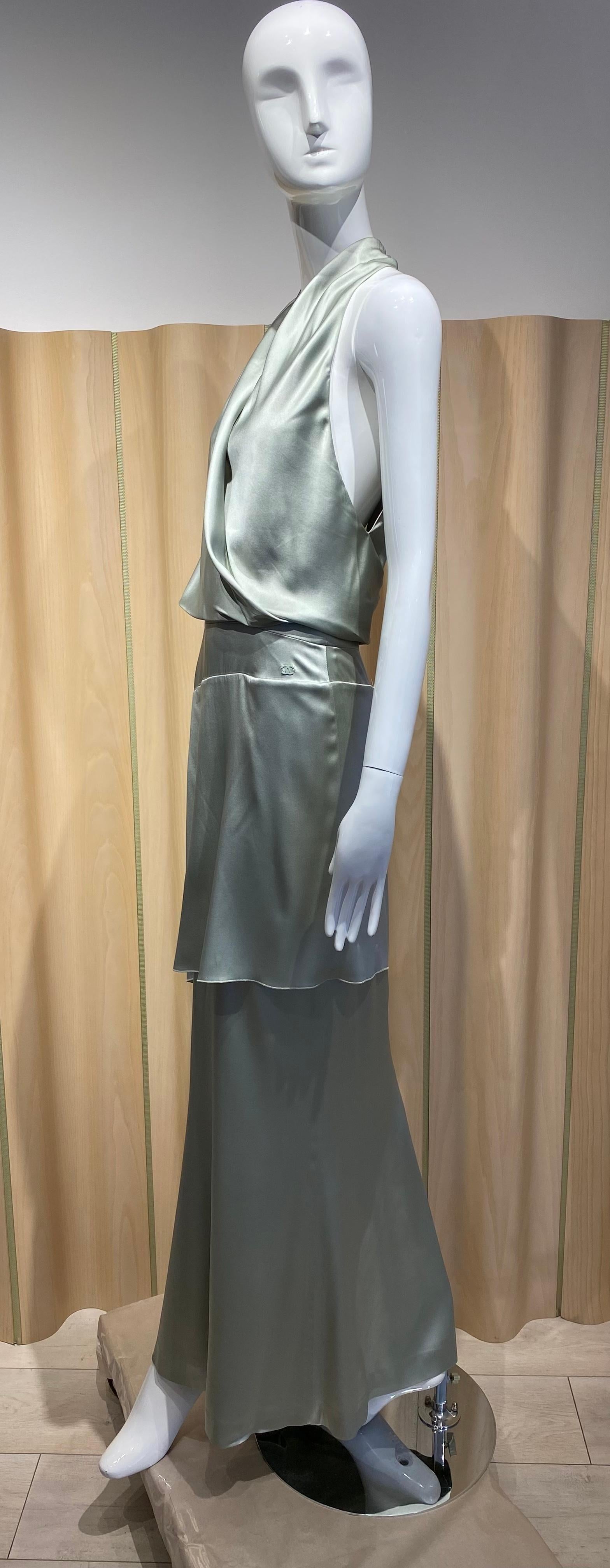 Vintage Chanel Silk Charmuese Light Green Halter Dress en vente 7