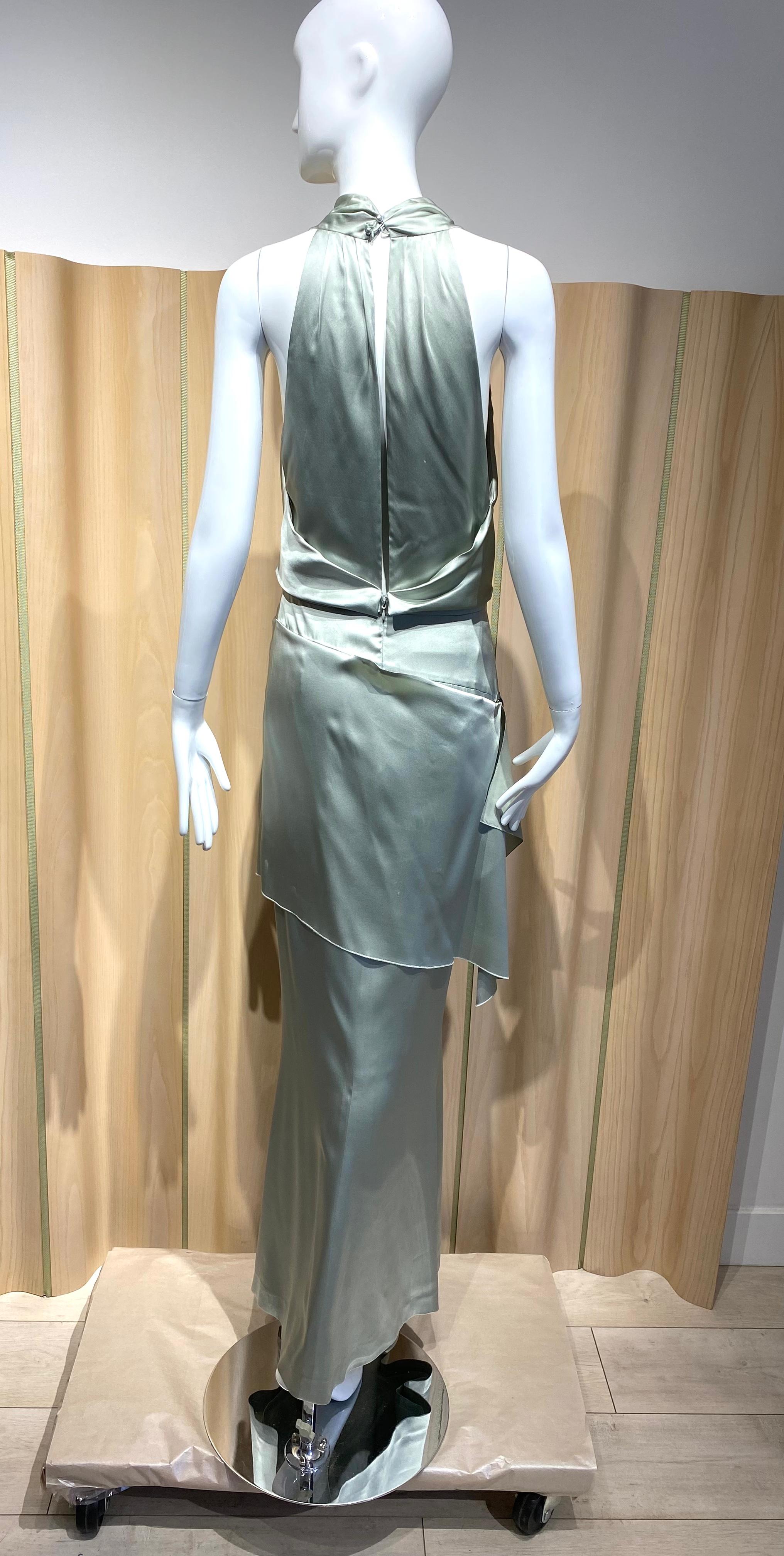 Vintage Chanel Silk Charmuese Light Green Halter Dress en vente 2