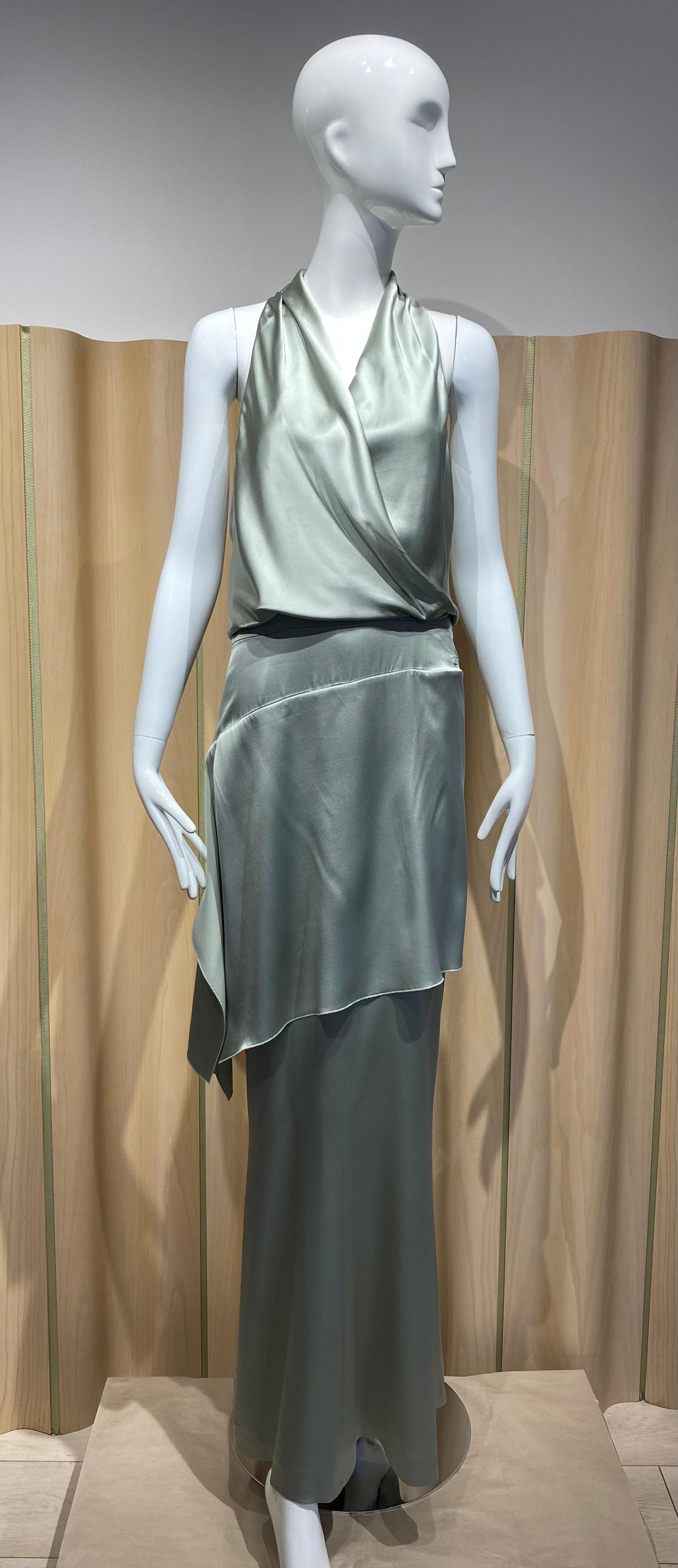 Vintage Chanel Silk Charmuese Light Green Halter Dress en vente 3