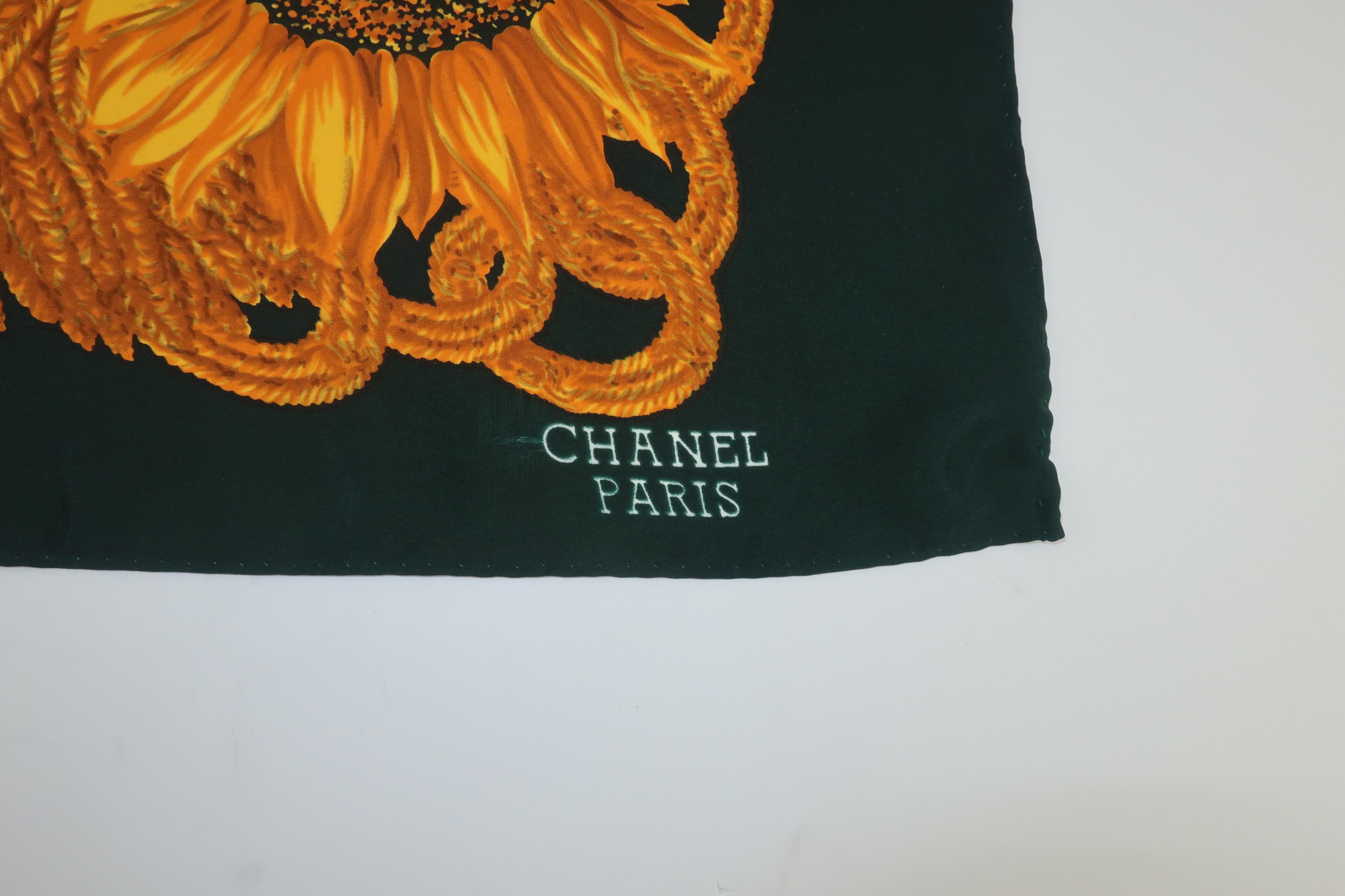 Brown Vintage Chanel Silk Logo Floral Sunflowers Scarf