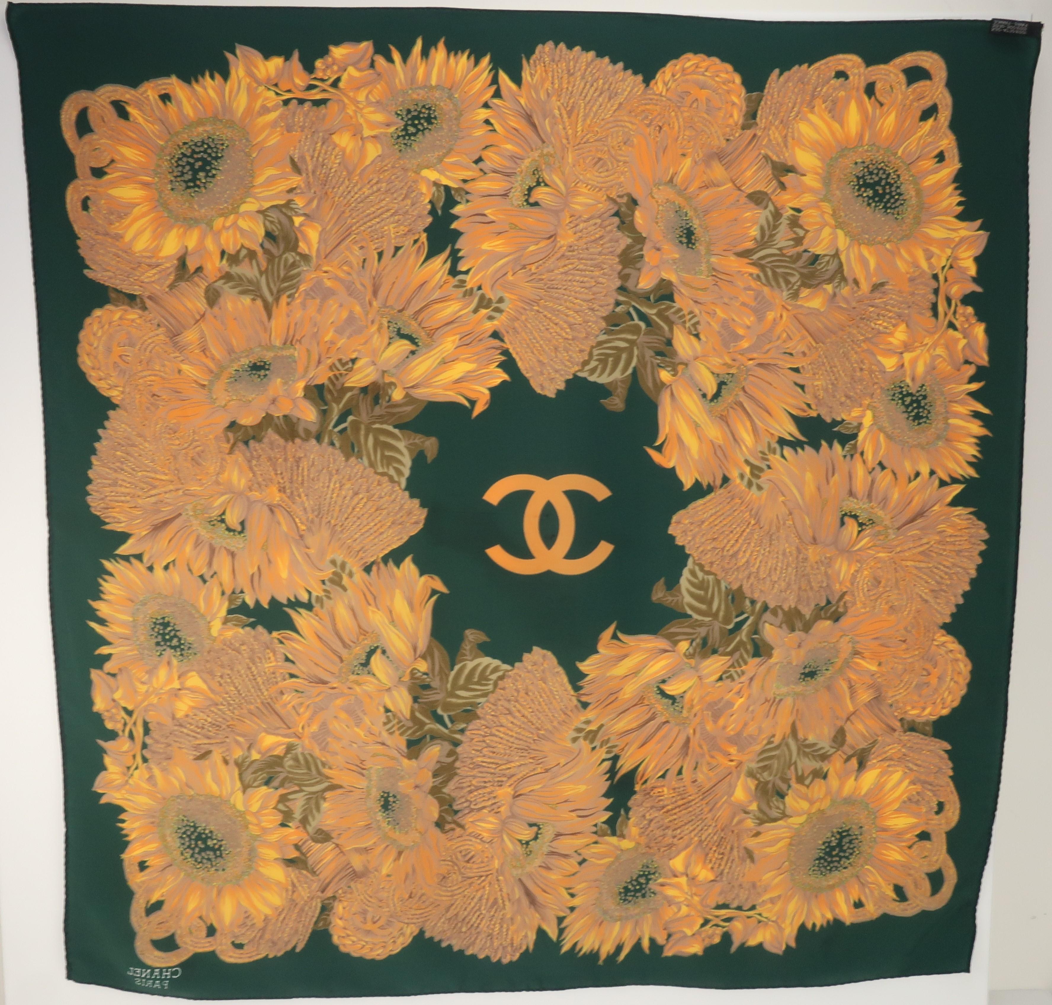 Vintage Chanel Silk Logo Floral Sunflowers Scarf In Good Condition In Atlanta, GA