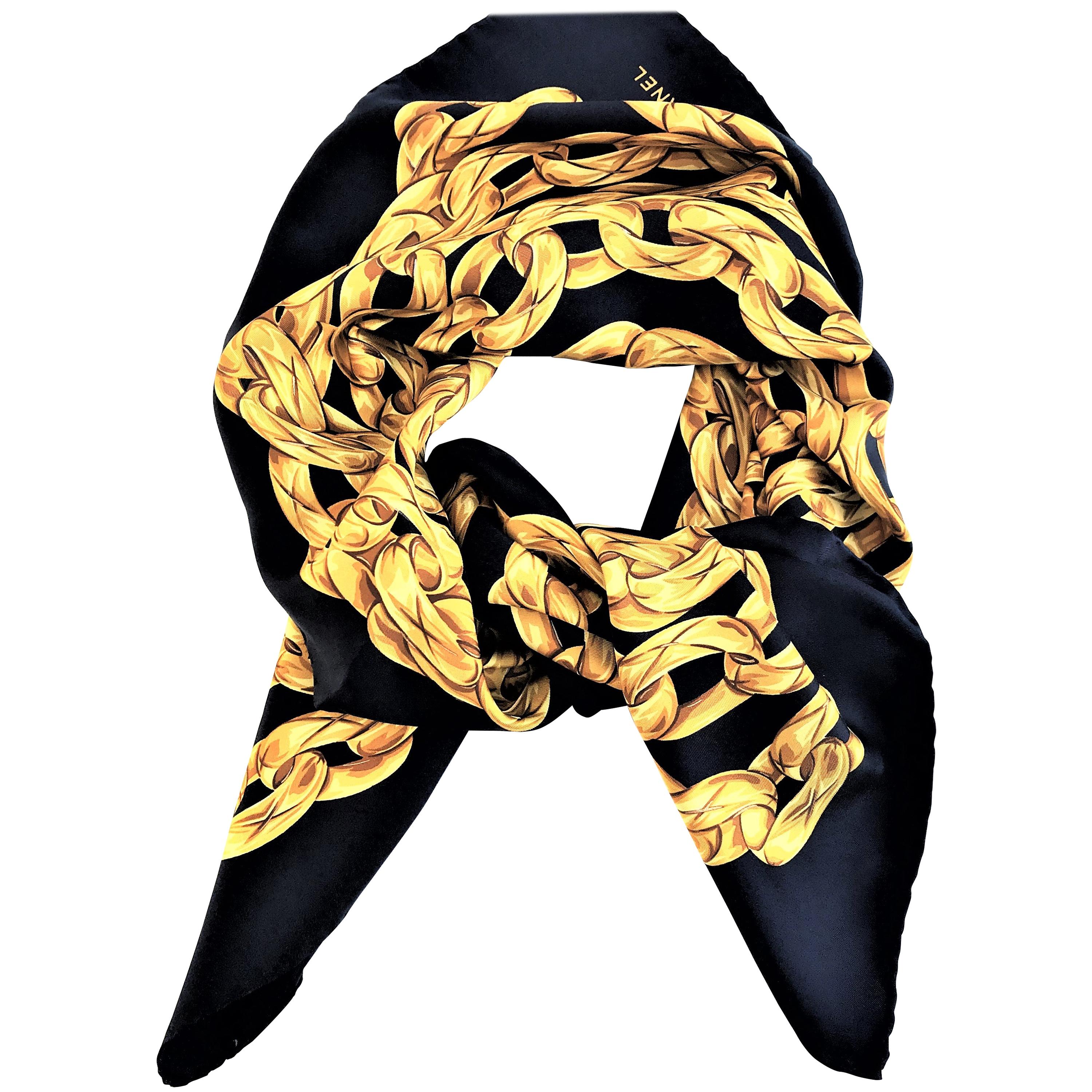 New Chanel Navy Iconic Design Silk Scarf at 1stDibs