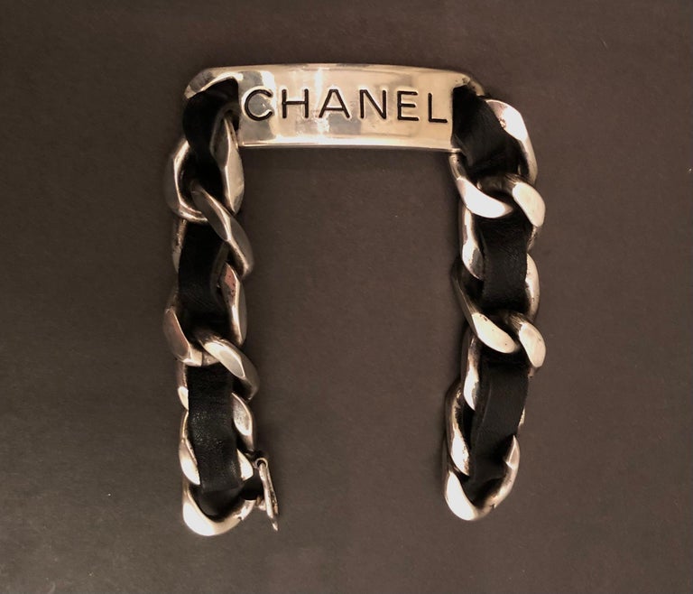 Vintage CHANEL Silver Toned Leather Chain Link Bracelet Unisex