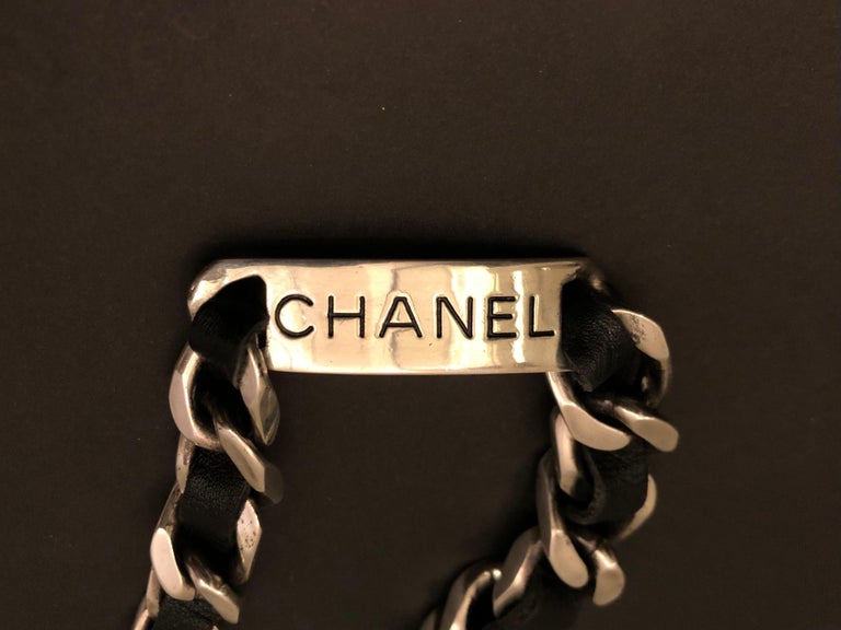 Vintage CHANEL Silver Toned Leather Chain Link Bracelet Unisex Mens For Sale at 1stDibs