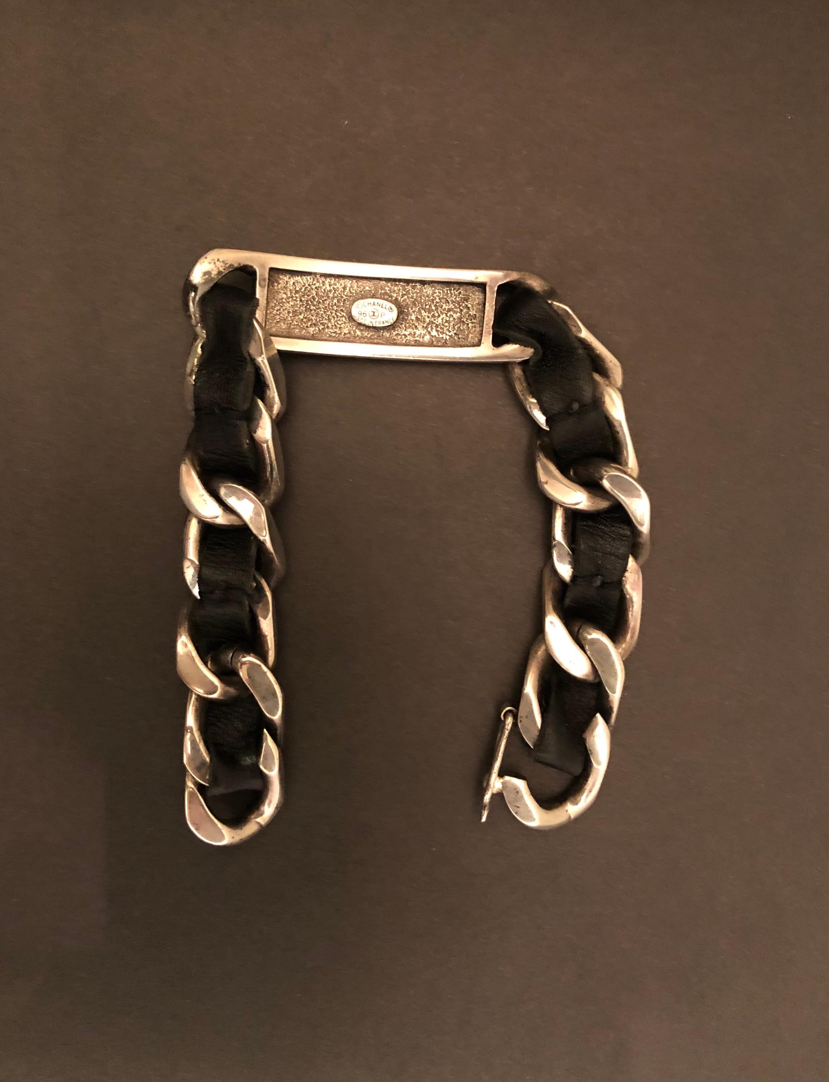 Vintage CHANEL Silver Toned Leather Chain Link Bracelet Unisex Mens  In Good Condition In Bangkok, TH