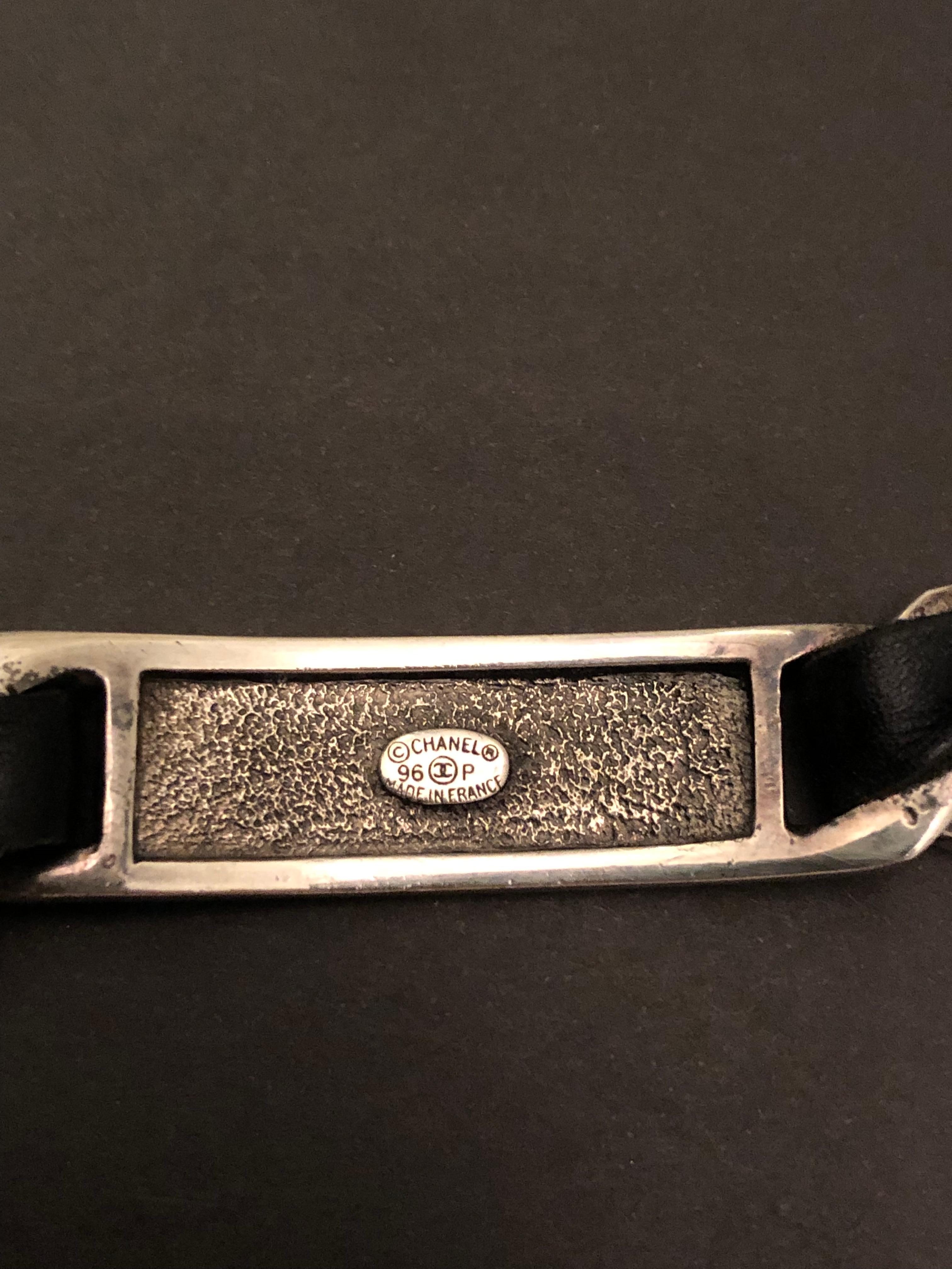 Vintage CHANEL Silver Toned Leather Chain Link Bracelet Unisex Mens  1