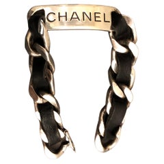 Retro CHANEL Silver Toned Leather Chain Link Bracelet Unisex Mens 