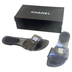 Vintage Chanel Size 38 / 8 1990s Clear Smoke PVC CC Logo Slide Sandals With Box