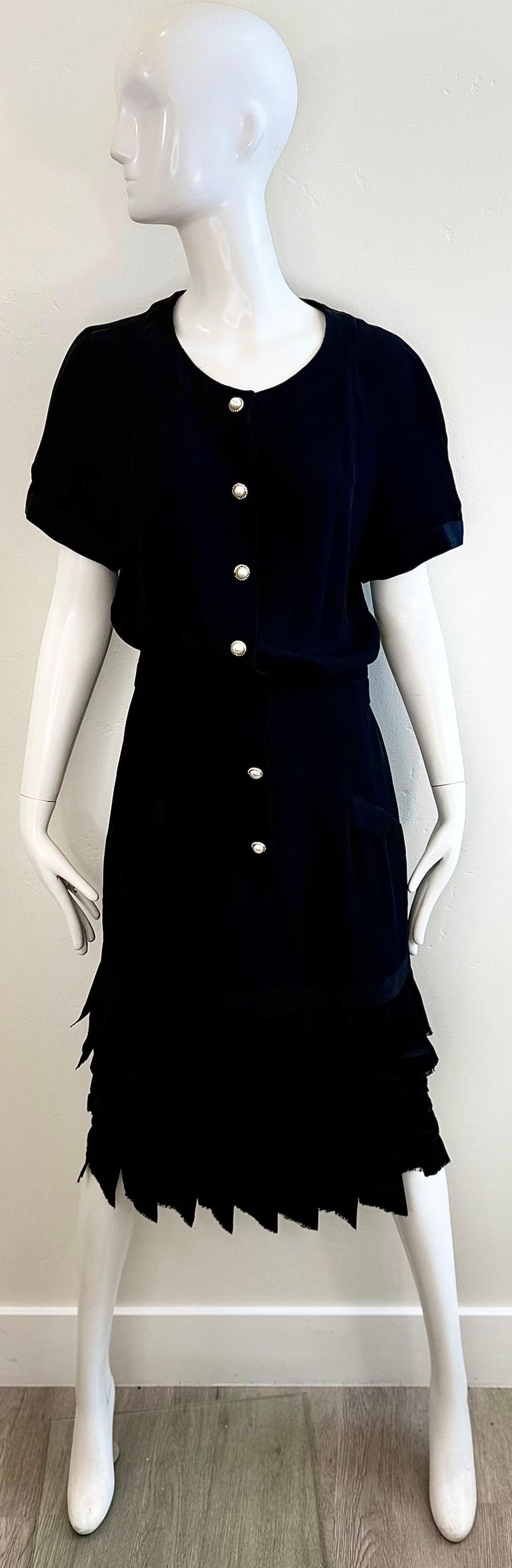 Vintage Chanel Size 4 Black Silk Crepe Dress 1980s Rhinestone Pearl Buttons 80s