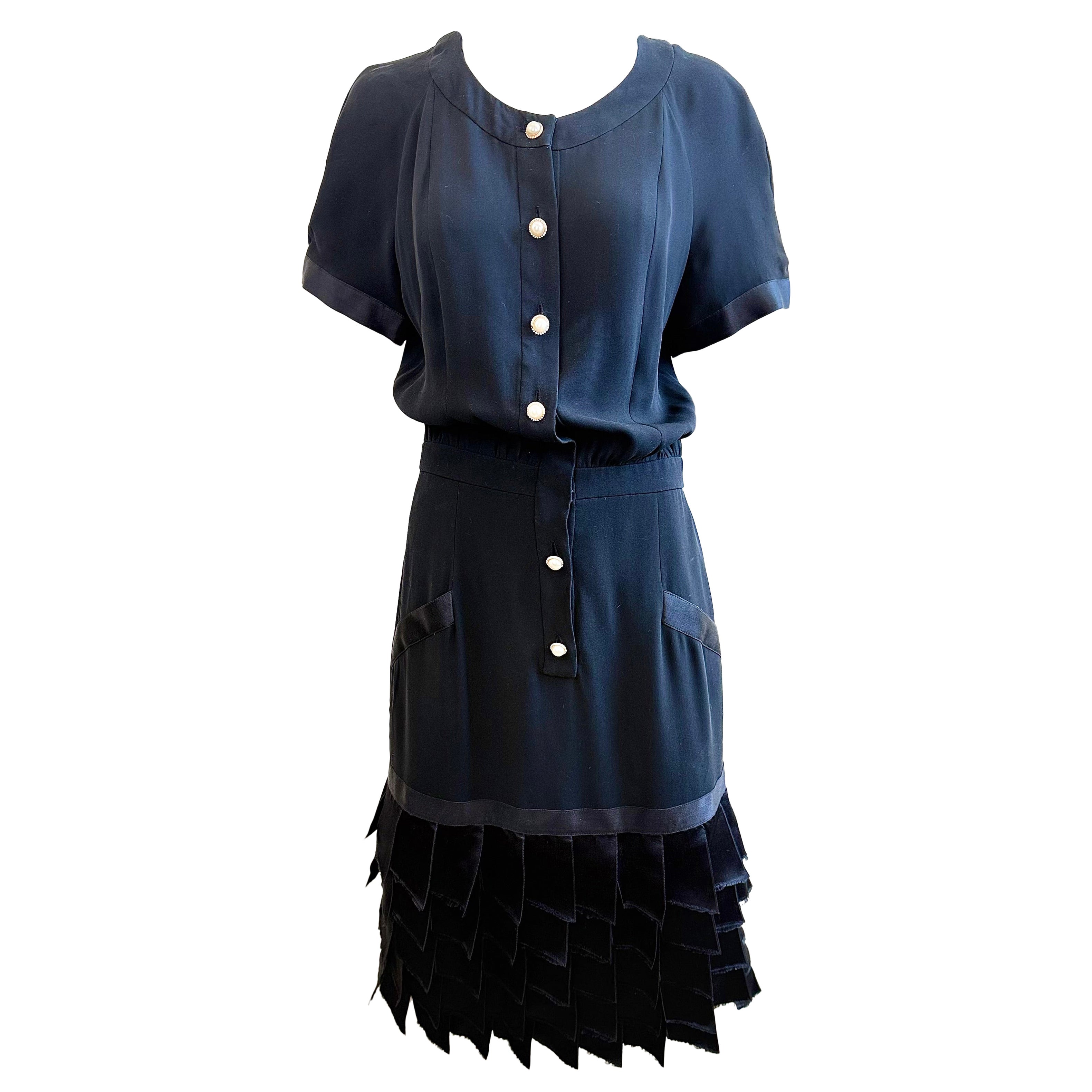 Vintage Chanel Size 4 Black Silk Crepe Dress 1980s Rhinestone Pearl Buttons 80s