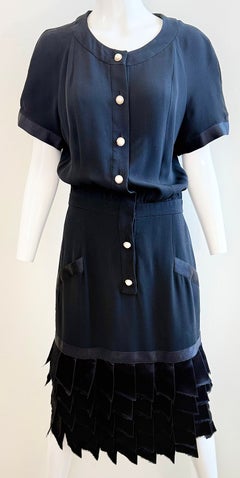 Vintage Chanel Size 4 Black Silk Crepe Dress 1980s Rhinestone Pearl Buttons 80s