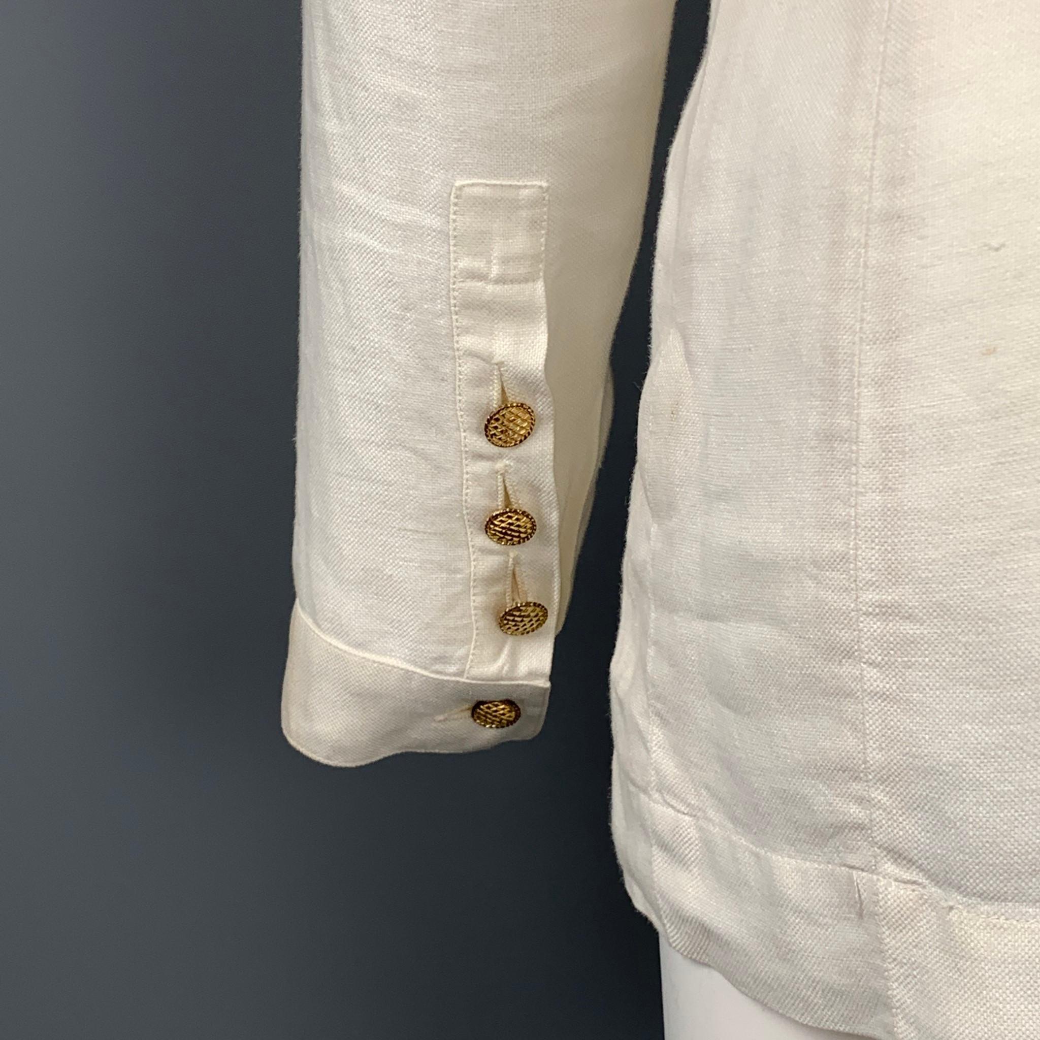 Beige Vintage CHANEL Size 4 Cream Linen V-Neck Patch Pocket Jacket