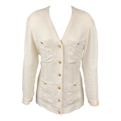 Vintage CHANEL Size 4 Cream Linen V-Neck Patch Pocket Jacket