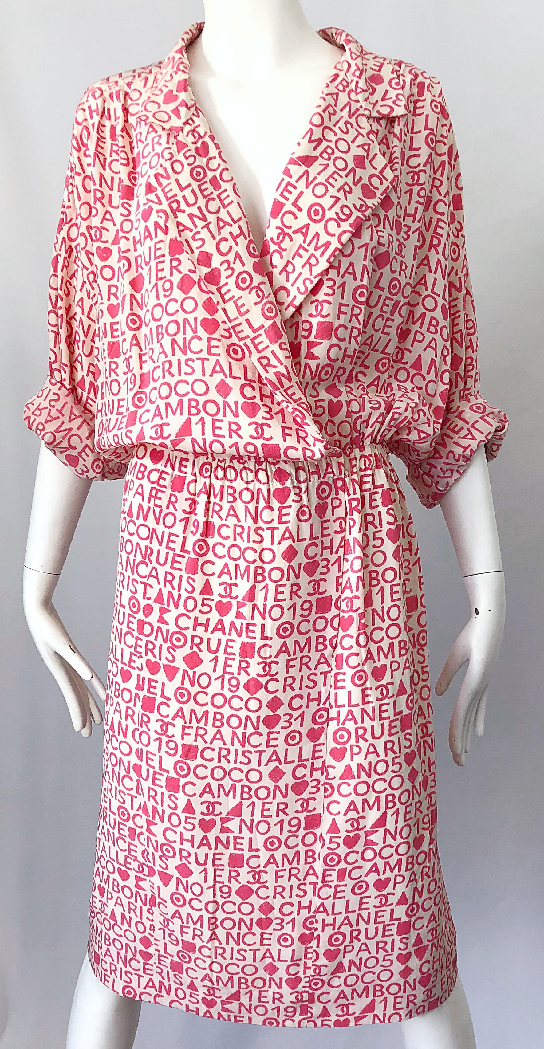 Vintage Chanel Size 44 / 14 Pink and White Logo Print 1980s Silk 80s ...