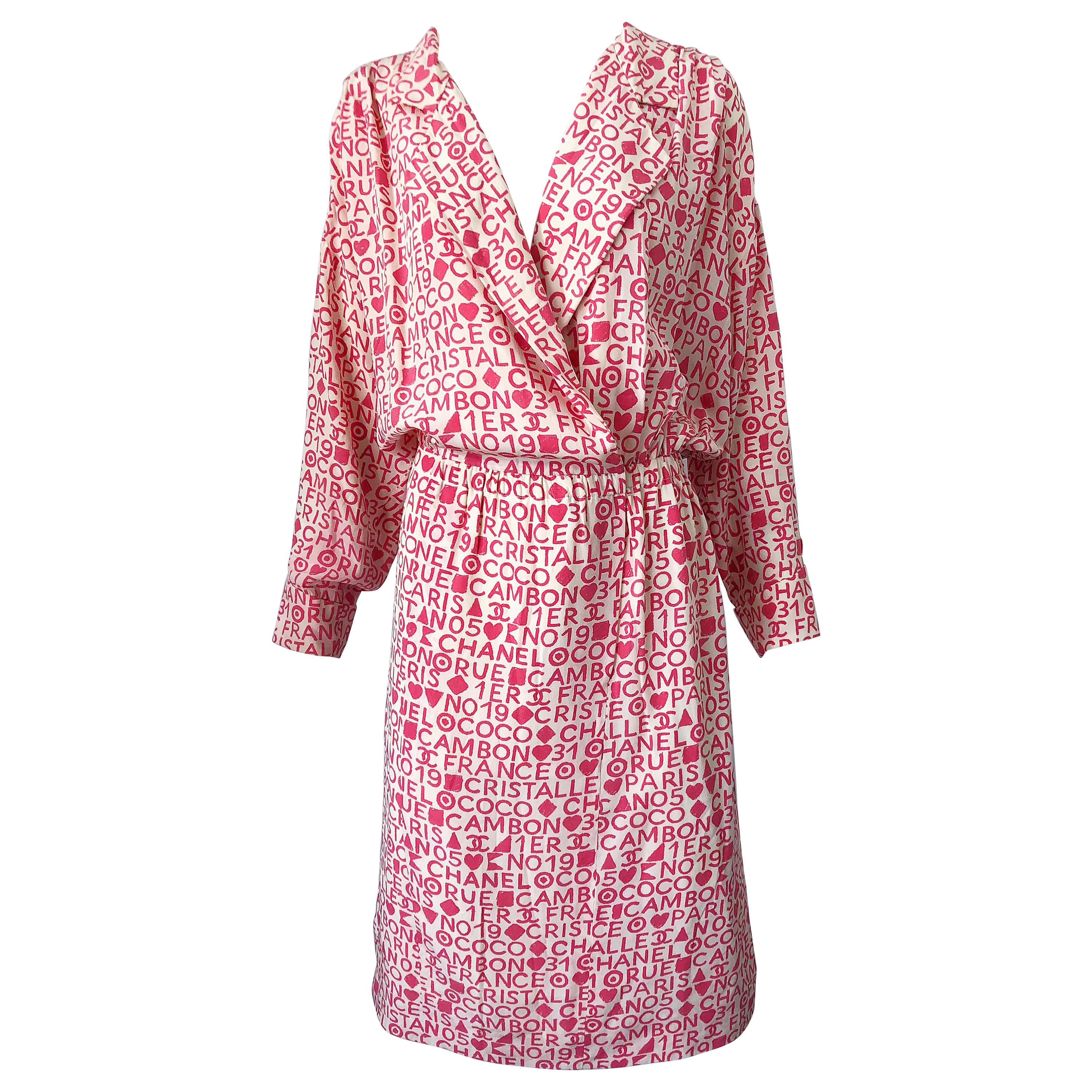 Vintage Chanel Size 44 / 14 Pink and White Logo Print 1980s Silk 80s Shirt  Dress For Sale at 1stDibs