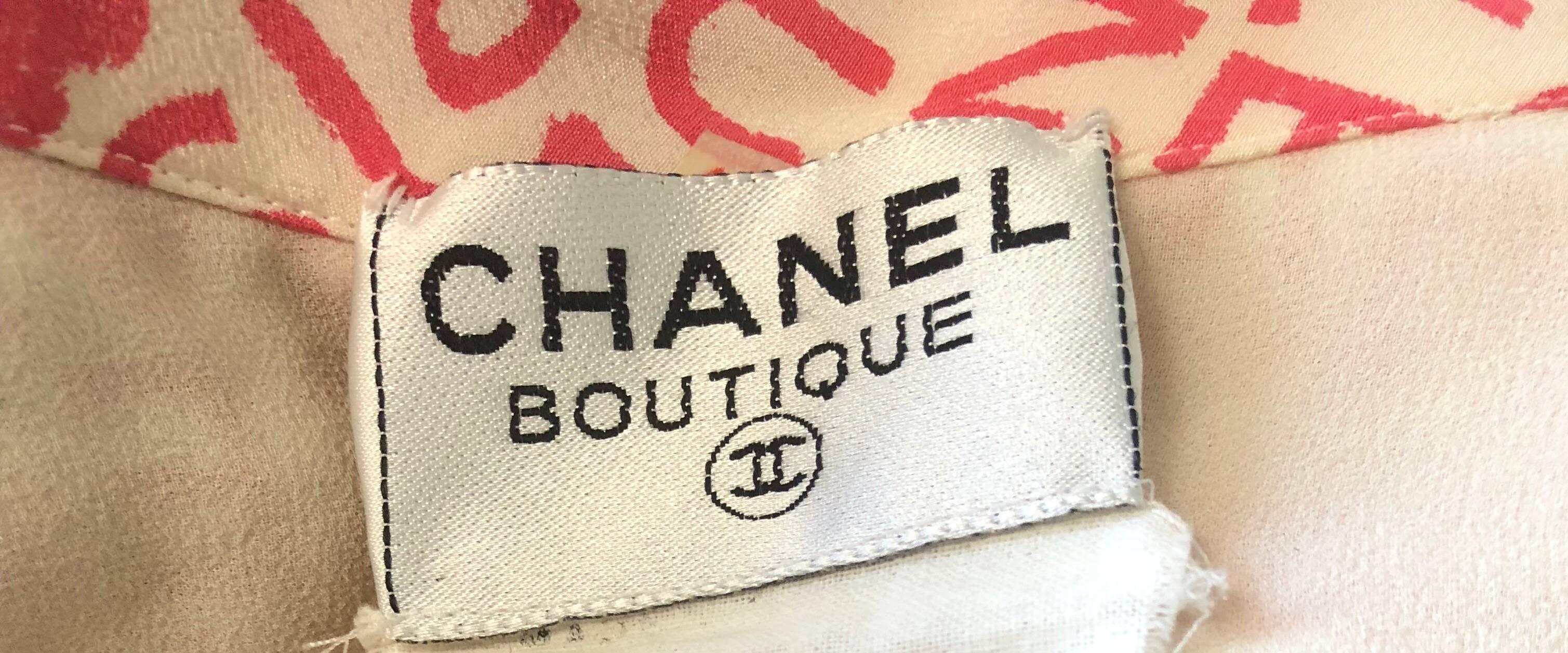 Vintage Chanel Karl Lagerfeld Large Size 44 Pink 80s Logo Silk 1980s Shirt Dress For Sale 2