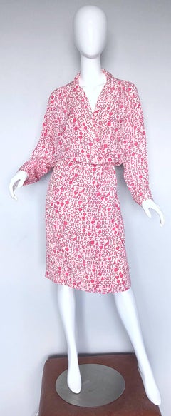 Vintage Chanel Karl Lagerfeld Large Size 44 Pink 80s Logo Silk 1980s Shirt Dress