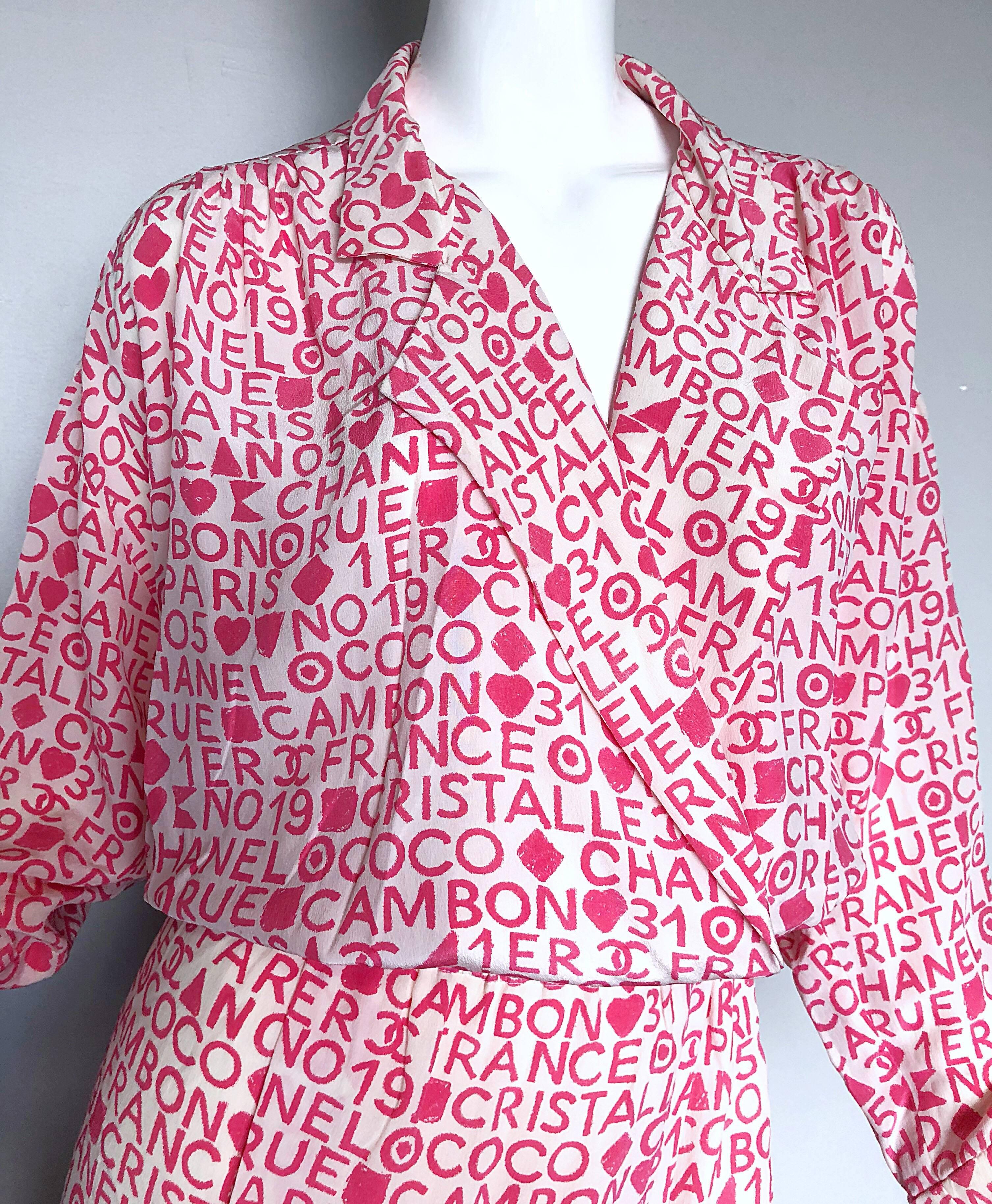 Vintage Chanel Karl Lagerfeld Große Größe 44 Rosa 80s Logo Seide 1980s Shirt Kleid (Violett) im Angebot