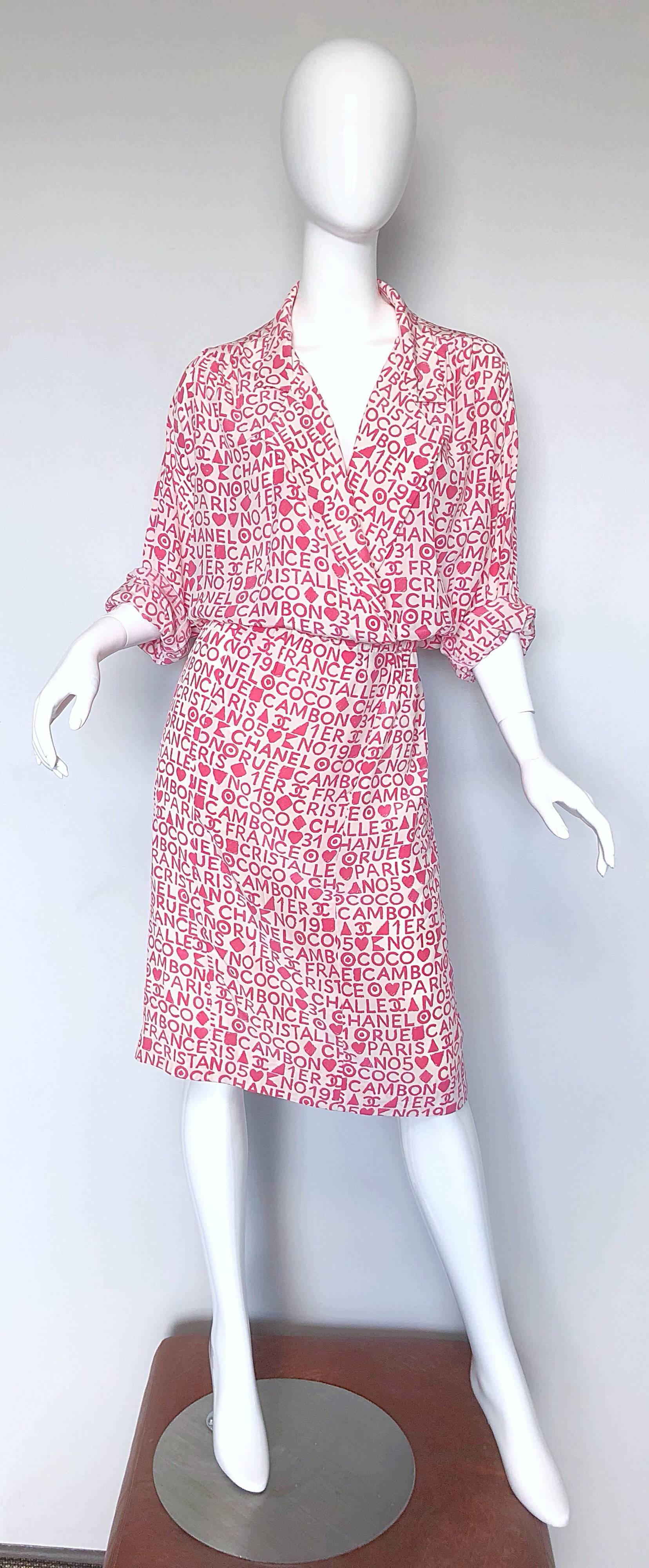 Vintage Chanel Karl Lagerfeld Large Size 44 Pink 80s Logo Silk 1980s Shirt Dress In Excellent Condition For Sale In San Diego, CA
