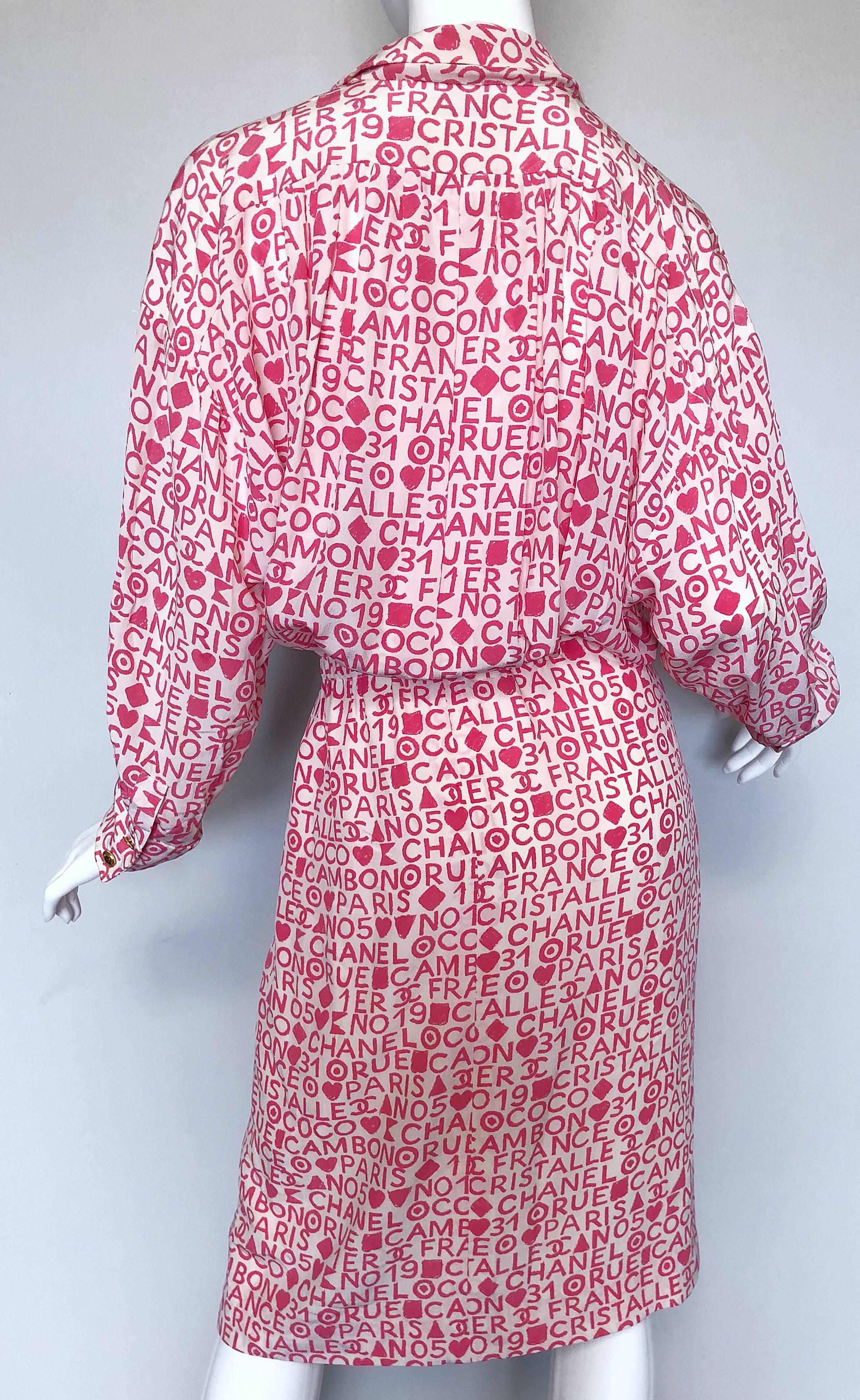 Women's Vintage Chanel Karl Lagerfeld Large Size 44 Pink 80s Logo Silk 1980s Shirt Dress For Sale