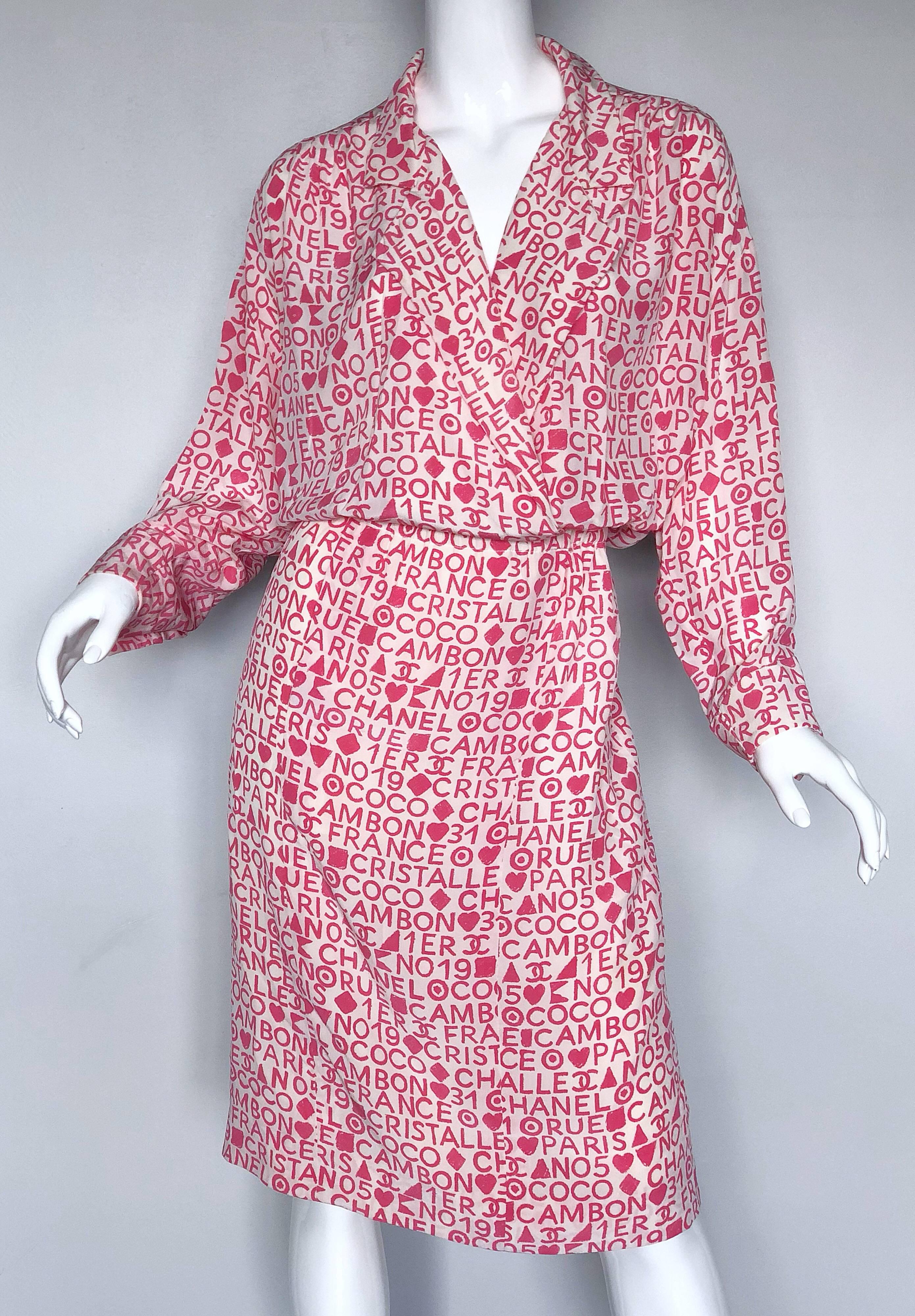 Vintage Chanel Karl Lagerfeld Large Size 44 Pink 80s Logo Silk 1980s Shirt Dress For Sale 1