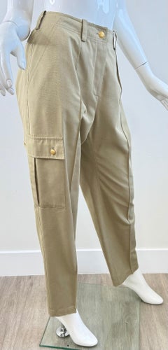 Vintage Chanel Size 8 / 10 Early 1990s Khaki Cotton Cargo Pants Gold CC Buttons