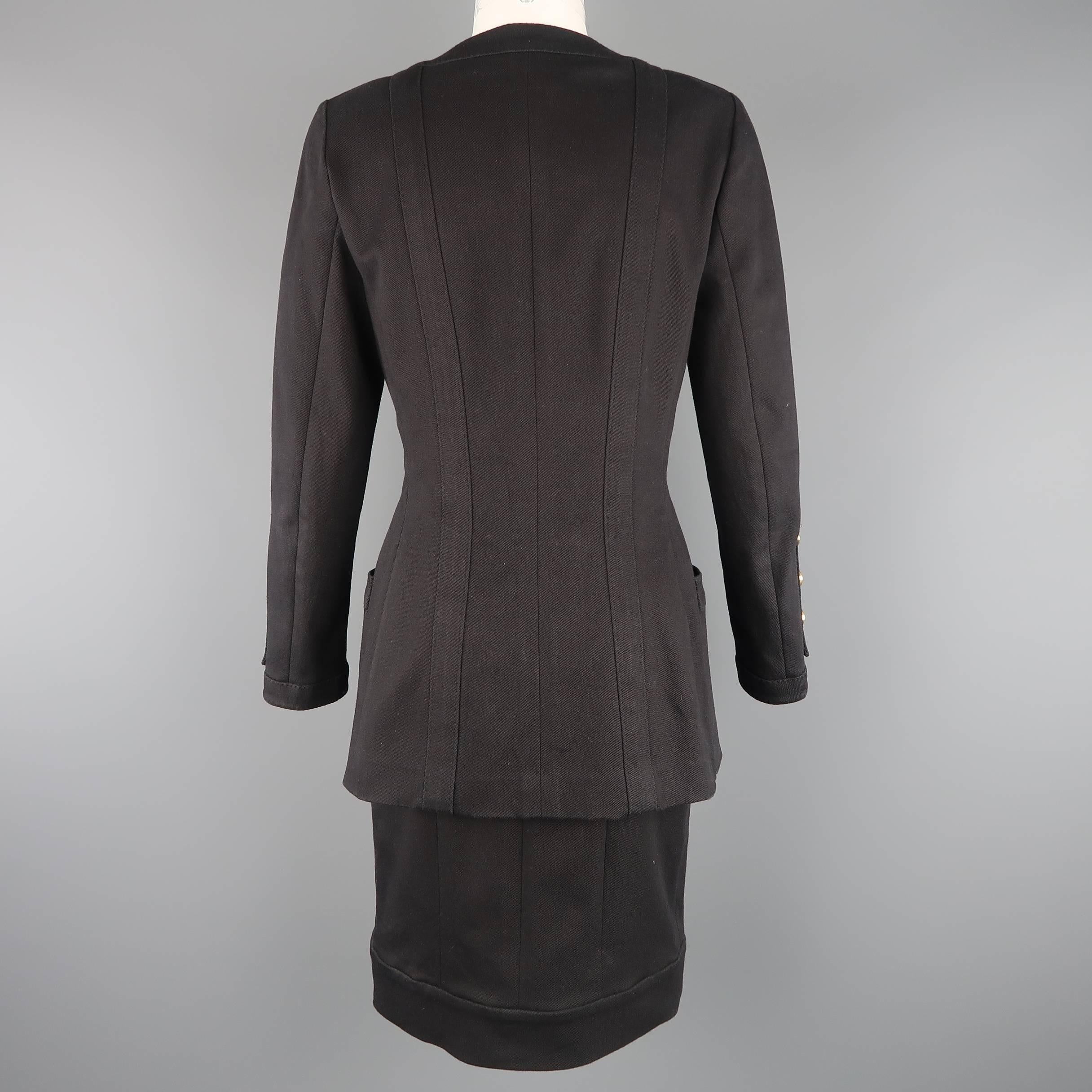Vintage CHANEL Skirt Suit - Size 8 Black Denim Gold Logo Snap 7